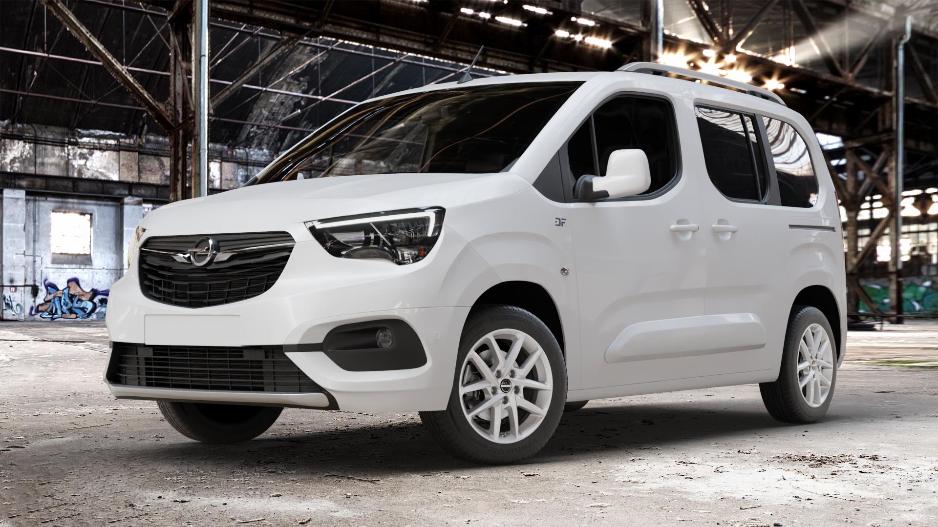 Borbet N crystal silver Felge mit Reifen silber in 16Zoll Winterfelge Alufelge auf weissem Opel Combo E Life ⬇️ mit 15mm Tieferlegung ⬇️ Old Industrial Hall_max_4400mm_2024 Frontansicht_1