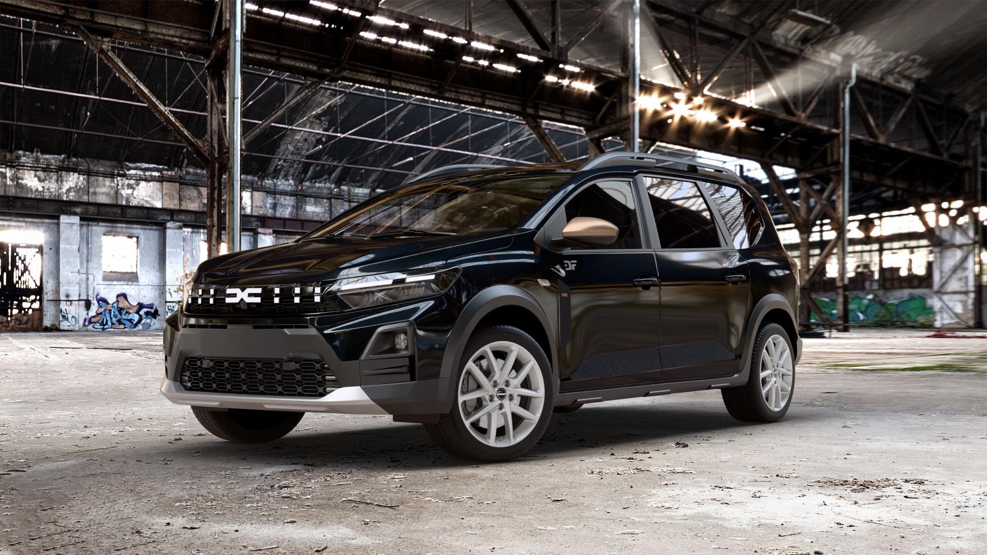 Borbet N crystal silver Felge mit Reifen silber in 17Zoll Winterfelge Alufelge auf schwarzem Dacia Jogger Typ DJF Facelift ⬇️ mit 15mm Tieferlegung ⬇️ Old Industrial Hall_max_5300mm_2024 Frontansicht_1
