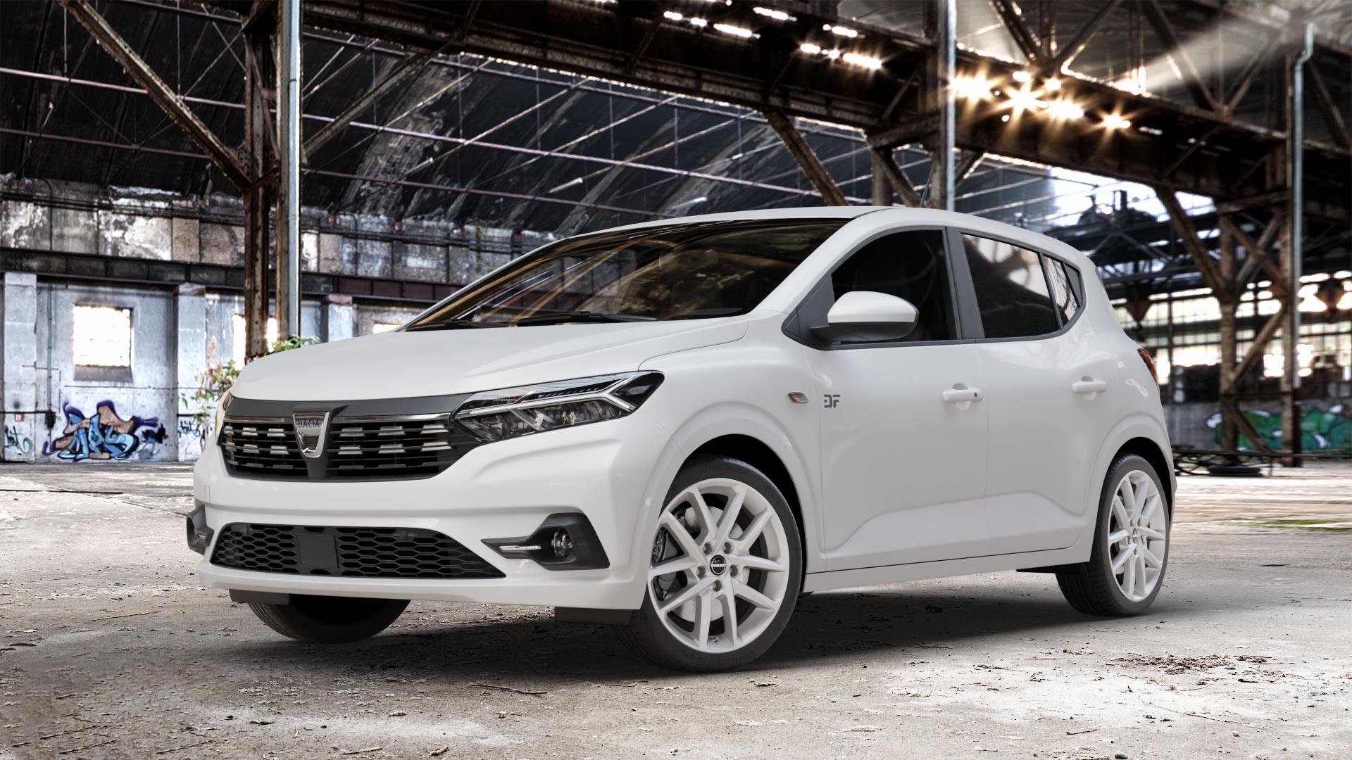 Borbet N crystal silver Felge mit Reifen silber in 17Zoll Winterfelge Alufelge auf weissem Dacia Sandero III Typ DJF ⬇️ mit 15mm Tieferlegung ⬇️ Old Industrial Hall_max_4400mm_2024 Frontansicht_1