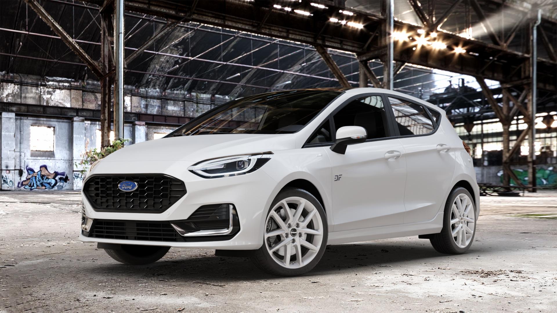 Borbet N crystal silver Felge mit Reifen silber in 17Zoll Winterfelge Alufelge auf weissem Ford Fiesta VII Typ JHH Facelift 1,0l EcoBoost 74kW (101 PS) 92kW (125 Mild-Hybrid 114kW (155 1,1l 55kW (75 ⬇️ mit 15mm Tieferlegung ⬇️ Old Industrial Hall_max_4400mm_2024 Frontansicht_1