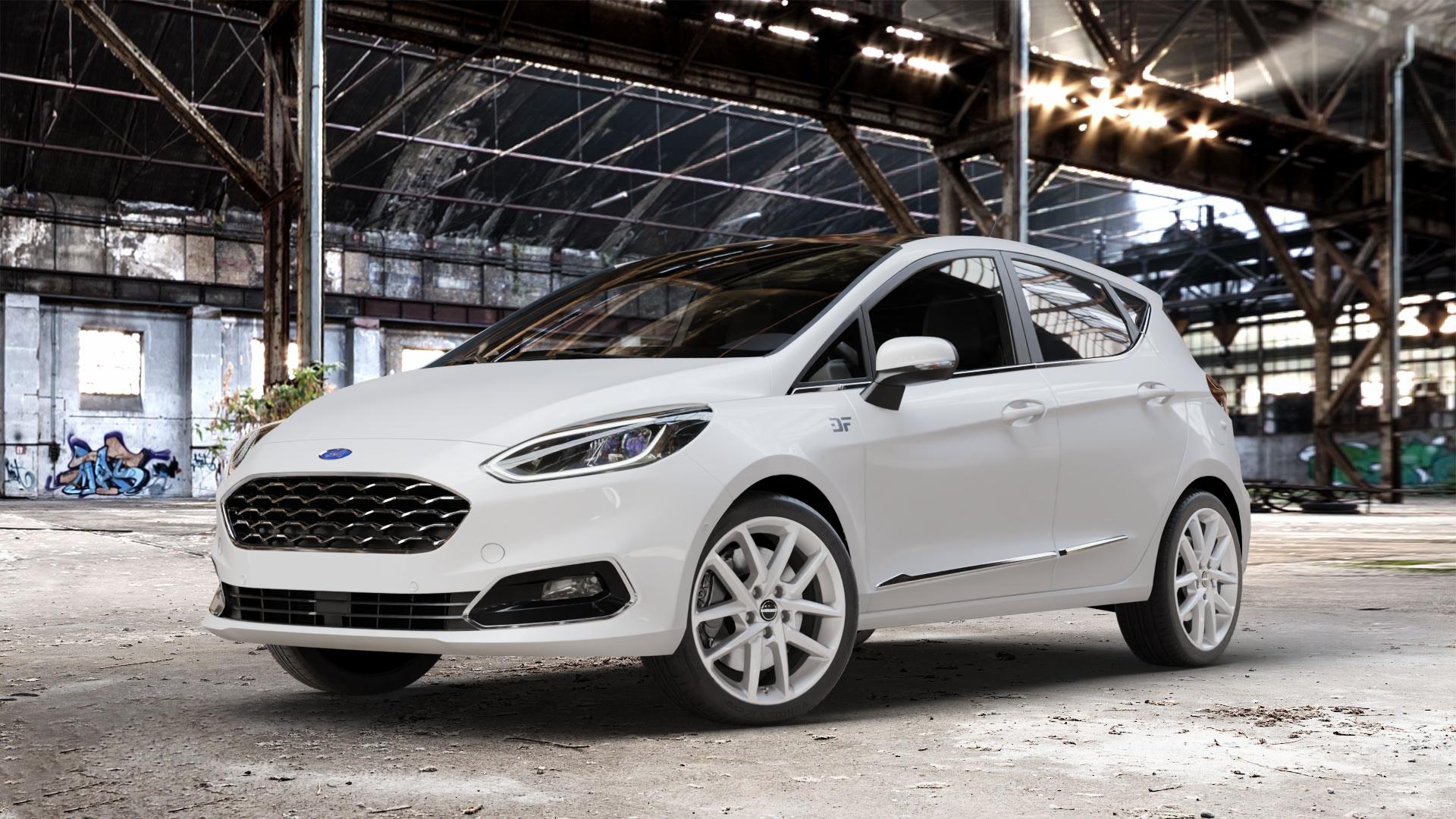 Borbet N crystal silver Felge mit Reifen silber in 17Zoll Winterfelge Alufelge auf weissem Ford Fiesta VII Typ JHH ⬇️ mit 15mm Tieferlegung ⬇️ Old Industrial Hall_max_4400mm_2024 Frontansicht_1