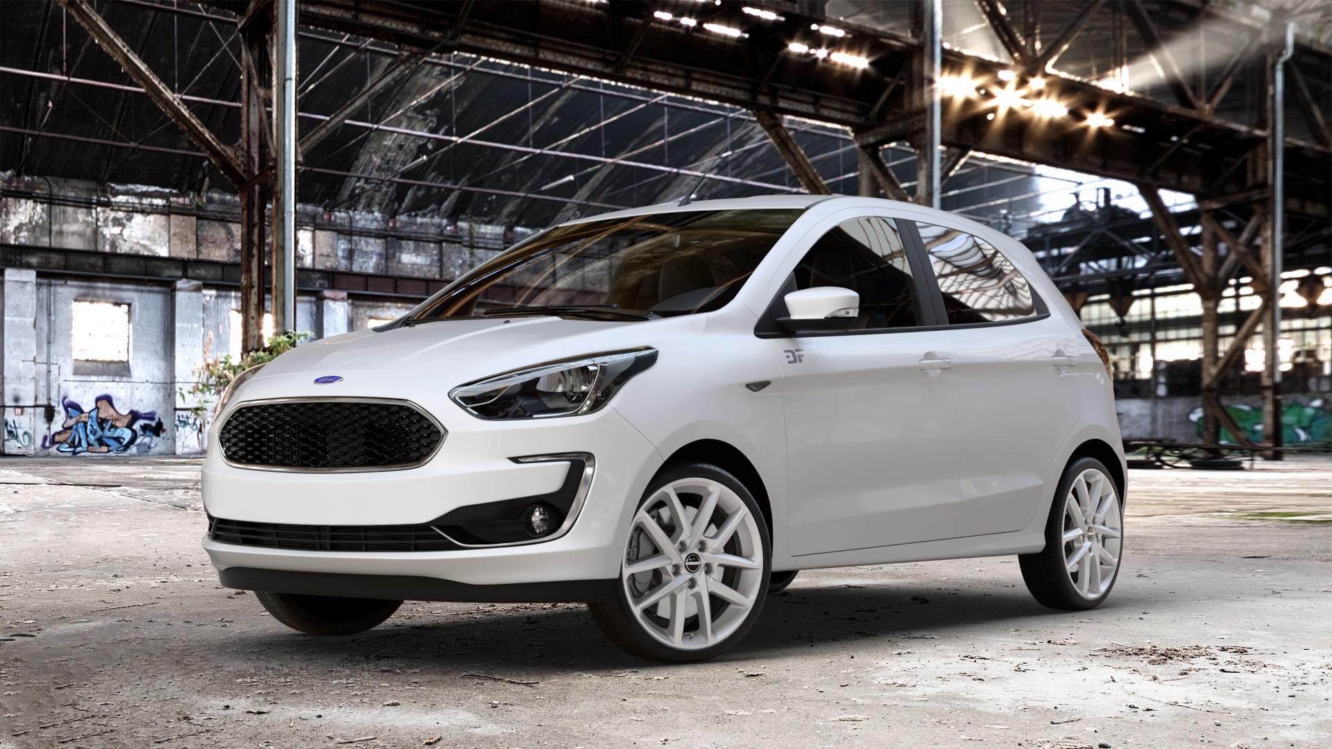 Borbet N crystal silver Felge mit Reifen silber in 17Zoll Winterfelge Alufelge auf weissem Ford KA+ Typ KAF ACTIVE Facelift KA ⬇️ mit 15mm Tieferlegung ⬇️ Old Industrial Hall_max_4400mm_2024 Frontansicht_1