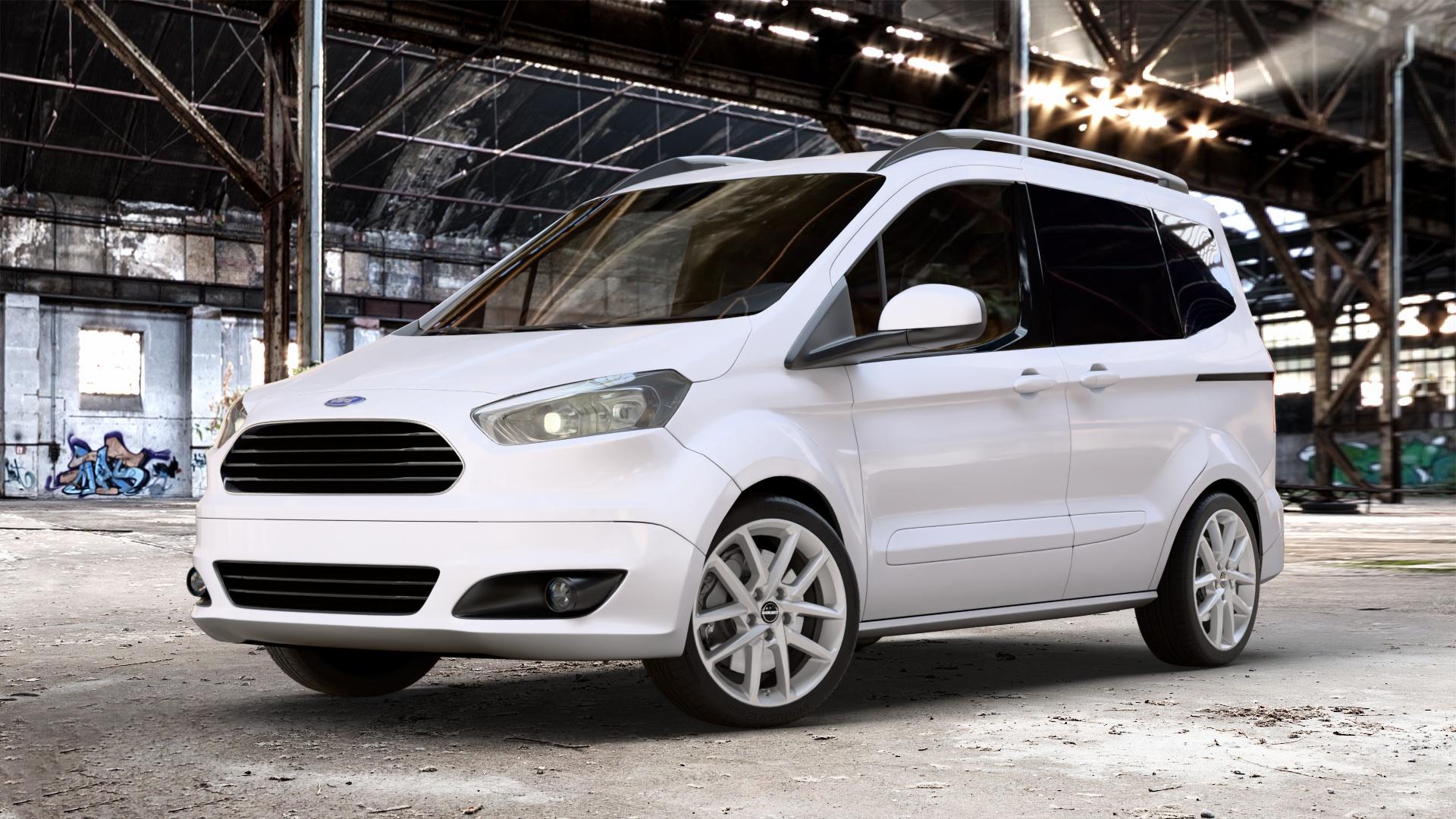 Borbet N crystal silver Felge mit Reifen silber in 17Zoll Winterfelge Alufelge auf weissem Ford Tourneo Courier Typ JU2 (14->) N1P ⬇️ mit 15mm Tieferlegung ⬇️ Old Industrial Hall_max_4400mm_2024 Frontansicht_1