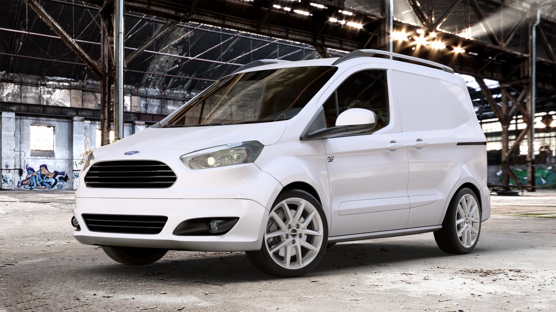 Borbet N crystal silver Felge mit Reifen silber in 17Zoll Winterfelge Alufelge auf weissem Ford Transit Courier Typ JN8 (14->) JU2 ⬇️ mit 15mm Tieferlegung ⬇️ Old Industrial Hall_max_4400mm_2024 Frontansicht_1
