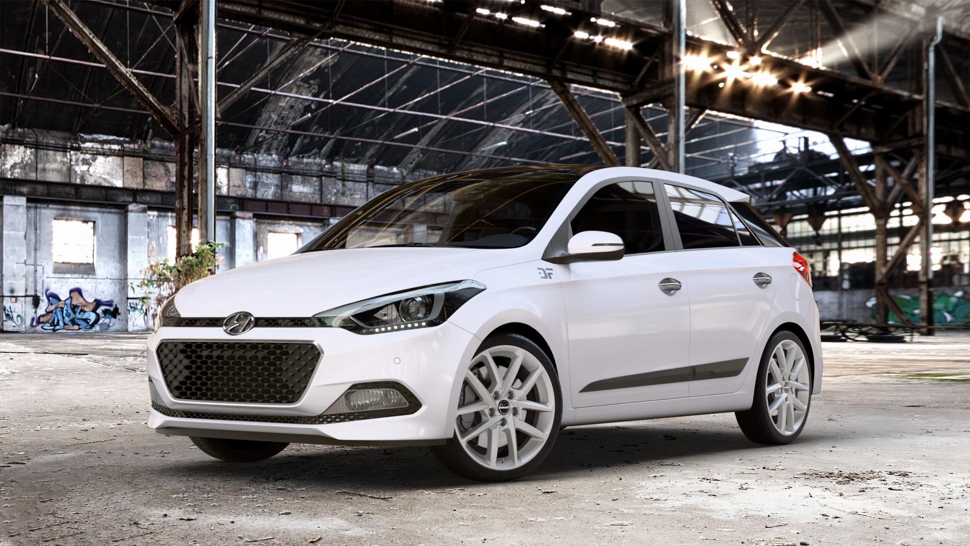 Borbet N crystal silver Felge mit Reifen silber in 17Zoll Winterfelge Alufelge auf weissem Hyundai i20 Typ GB Coupe Facelift ⬇️ mit 15mm Tieferlegung ⬇️ Old Industrial Hall_max_4400mm_2024 Frontansicht_1