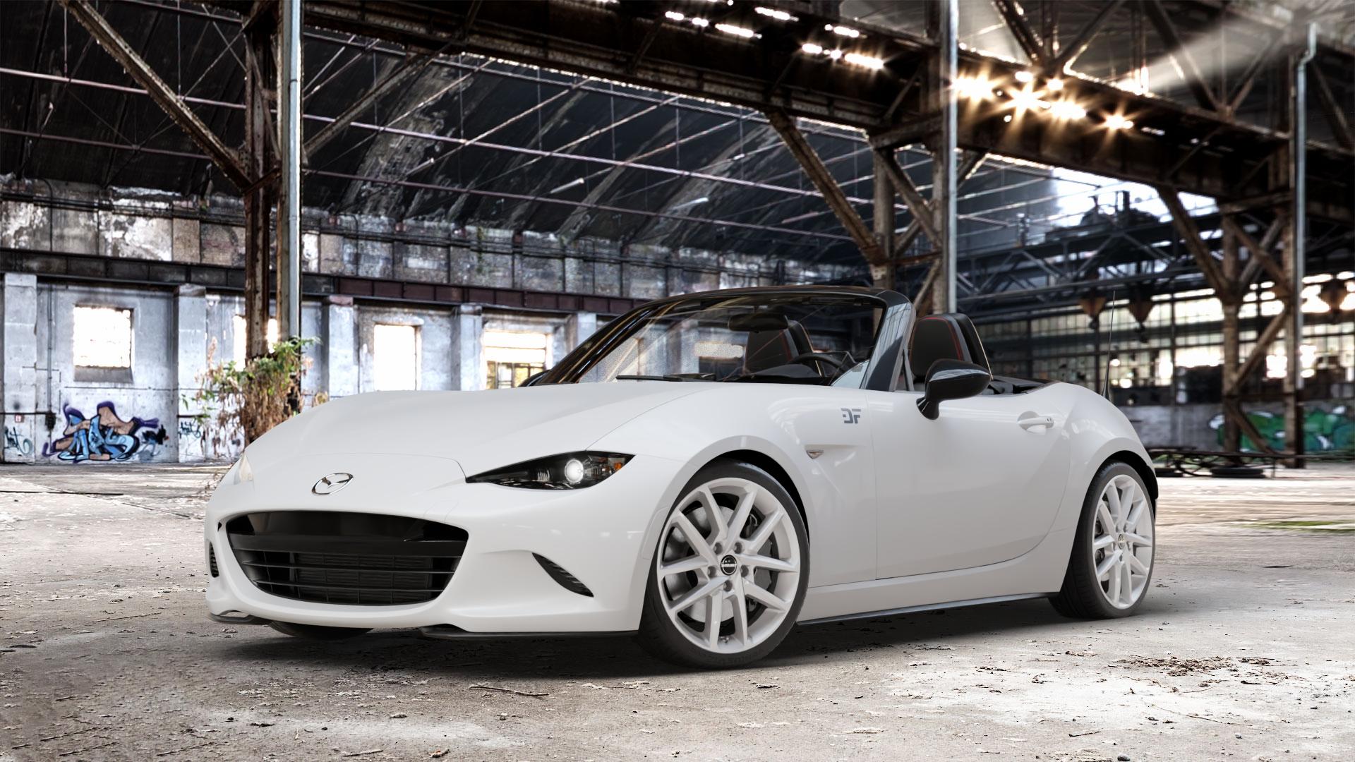 Borbet N crystal silver Felge mit Reifen silber in 17Zoll Winterfelge Alufelge auf weissem Mazda MX-5 IV (ND) ⬇️ mit 15mm Tieferlegung ⬇️ Old Industrial Hall_max_4400mm_2024 Frontansicht_1