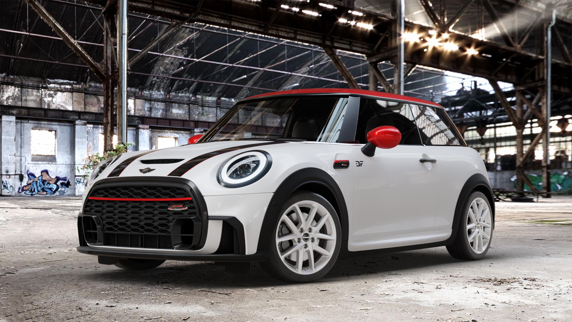 Borbet N crystal silver Felge mit Reifen silber in 17Zoll Winterfelge Alufelge auf weissem Mini F56 Typ FML2 (3-Türer Limousine) Facelift 21-> 2,0l Cooper S 131kW (178 PS) 120kW (163 JCW 170kW (231 ⬇️ mit 15mm Tieferlegung ⬇️ Old Industrial Hall_max_4400mm_2024 Frontansicht_1