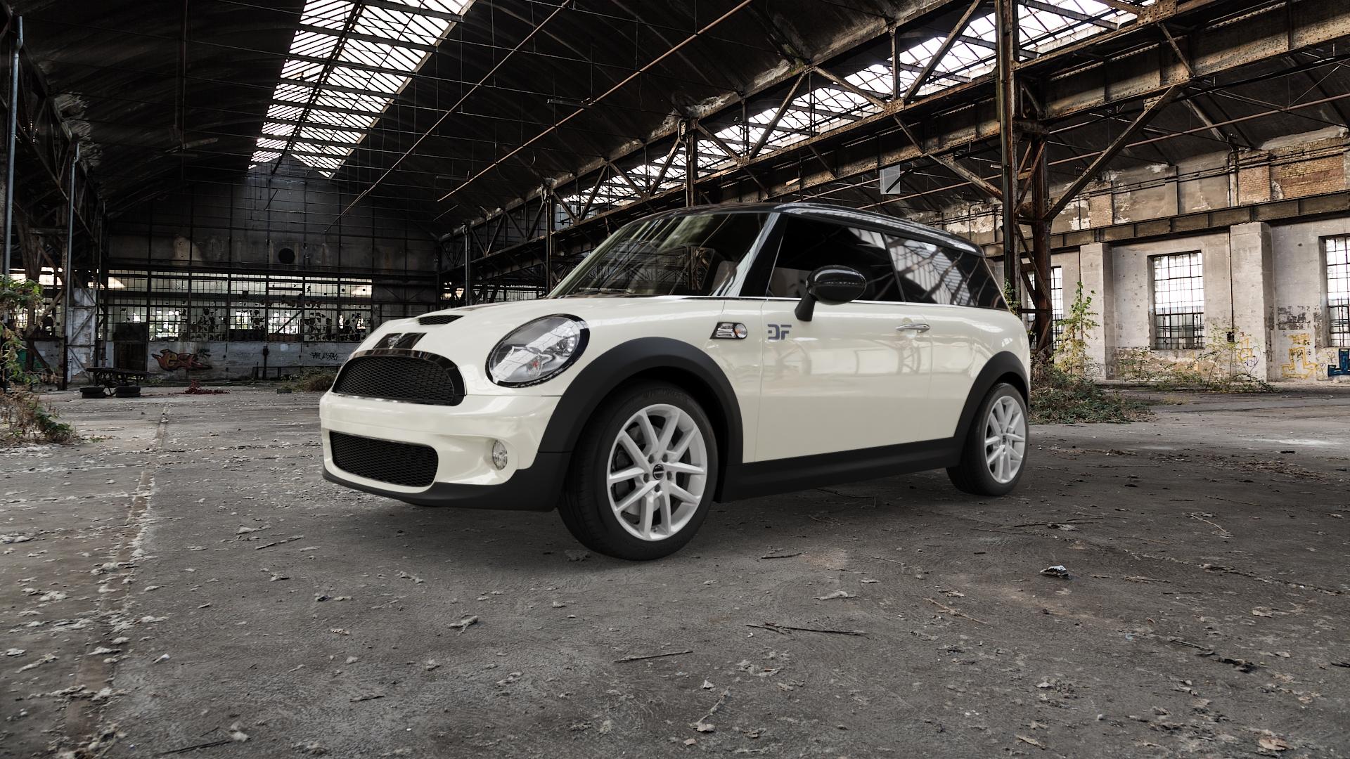 Borbet N crystal silver Felge mit Reifen silber in 17Zoll Winterfelge Alufelge auf weissem Mini R55 Typ UKL-K (Clubman) MINI-N ⬇️ mit 15mm Tieferlegung ⬇️ Old Industrial Hall_max5000mm_2022 Frontansicht_1