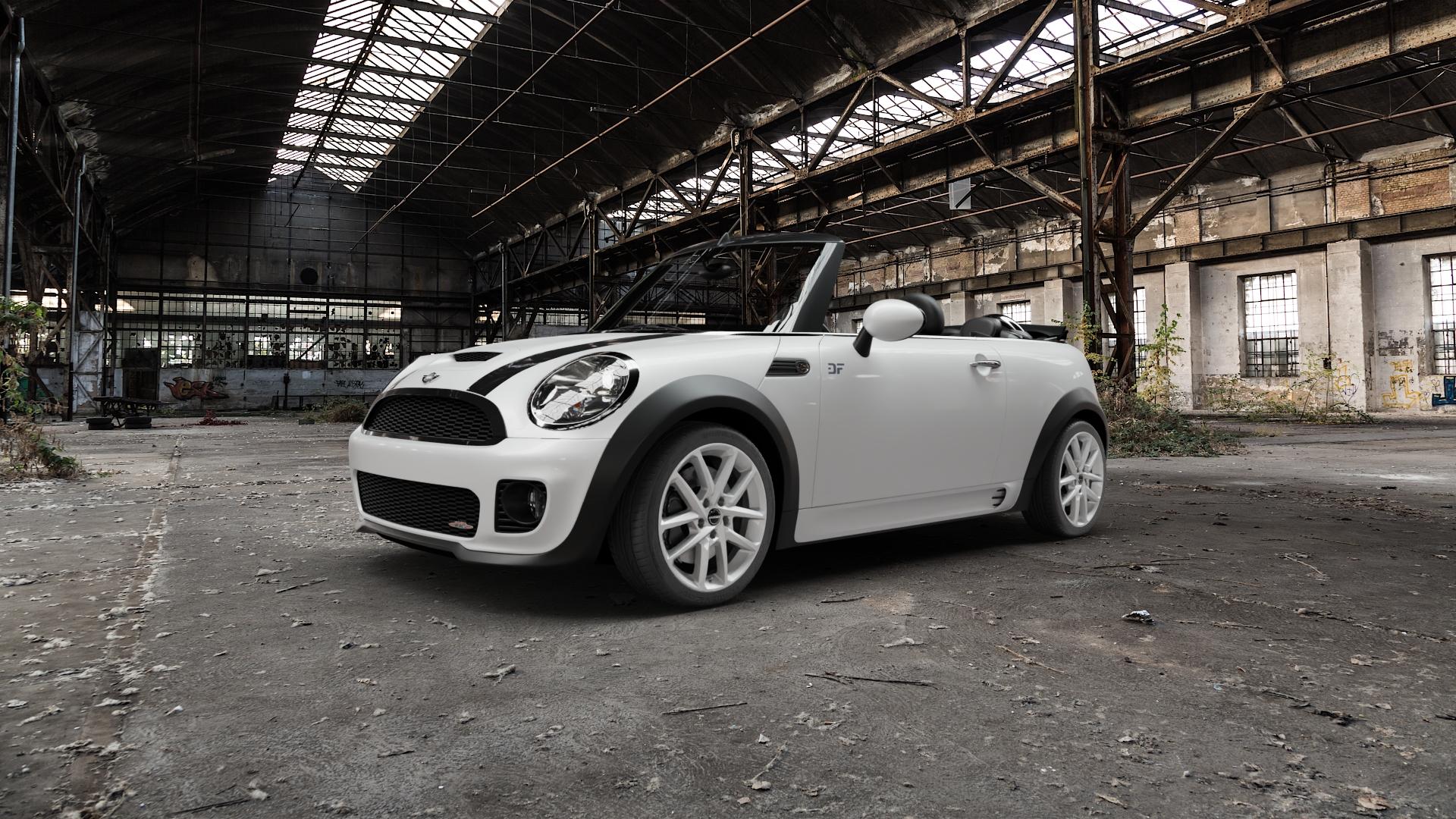 Borbet N crystal silver Felge mit Reifen silber in 17Zoll Winterfelge Alufelge auf weissem Mini R57 Typ UKL-C (Cabriolet) 1,6l JCW 155kW (211 PS) MINI-N ⬇️ mit 15mm Tieferlegung ⬇️ Old Industrial Hall_max5000mm_2022 Frontansicht_1
