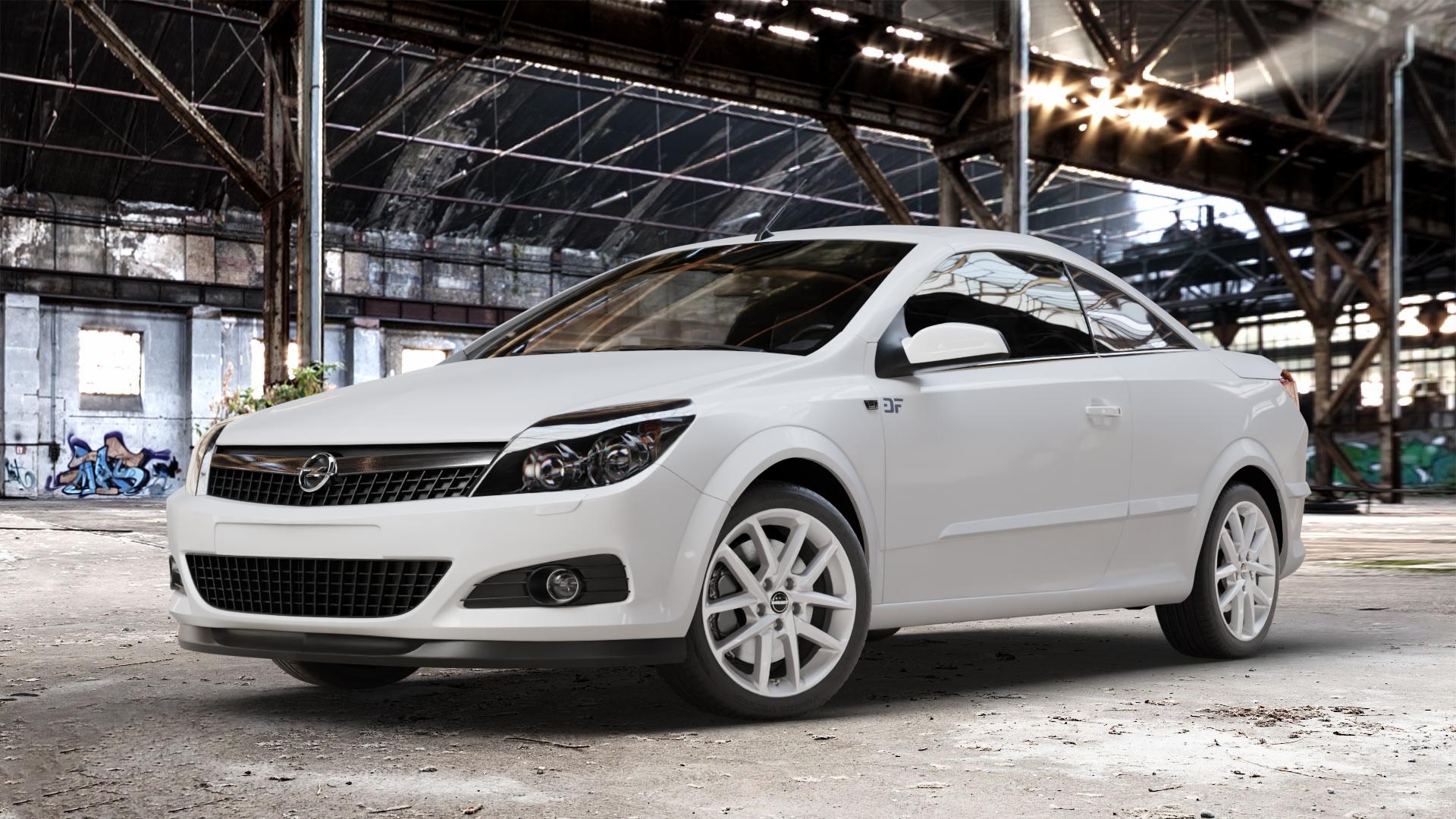 Borbet N crystal silver Felge mit Reifen silber in 17Zoll Winterfelge Alufelge auf weissem Opel Astra H Twin Top Typ A-H/C ⬇️ mit 15mm Tieferlegung ⬇️ Old Industrial Hall_max_4400mm_2024 Frontansicht_1
