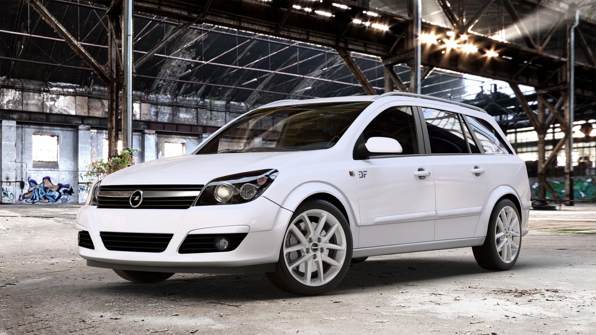 Borbet N crystal silver Felge mit Reifen silber in 17Zoll Winterfelge Alufelge auf weissem Opel Astra H Typ A-H Caravan A-H/SW ⬇️ mit 15mm Tieferlegung ⬇️ Old Industrial Hall_max_4400mm_2024 Frontansicht_1