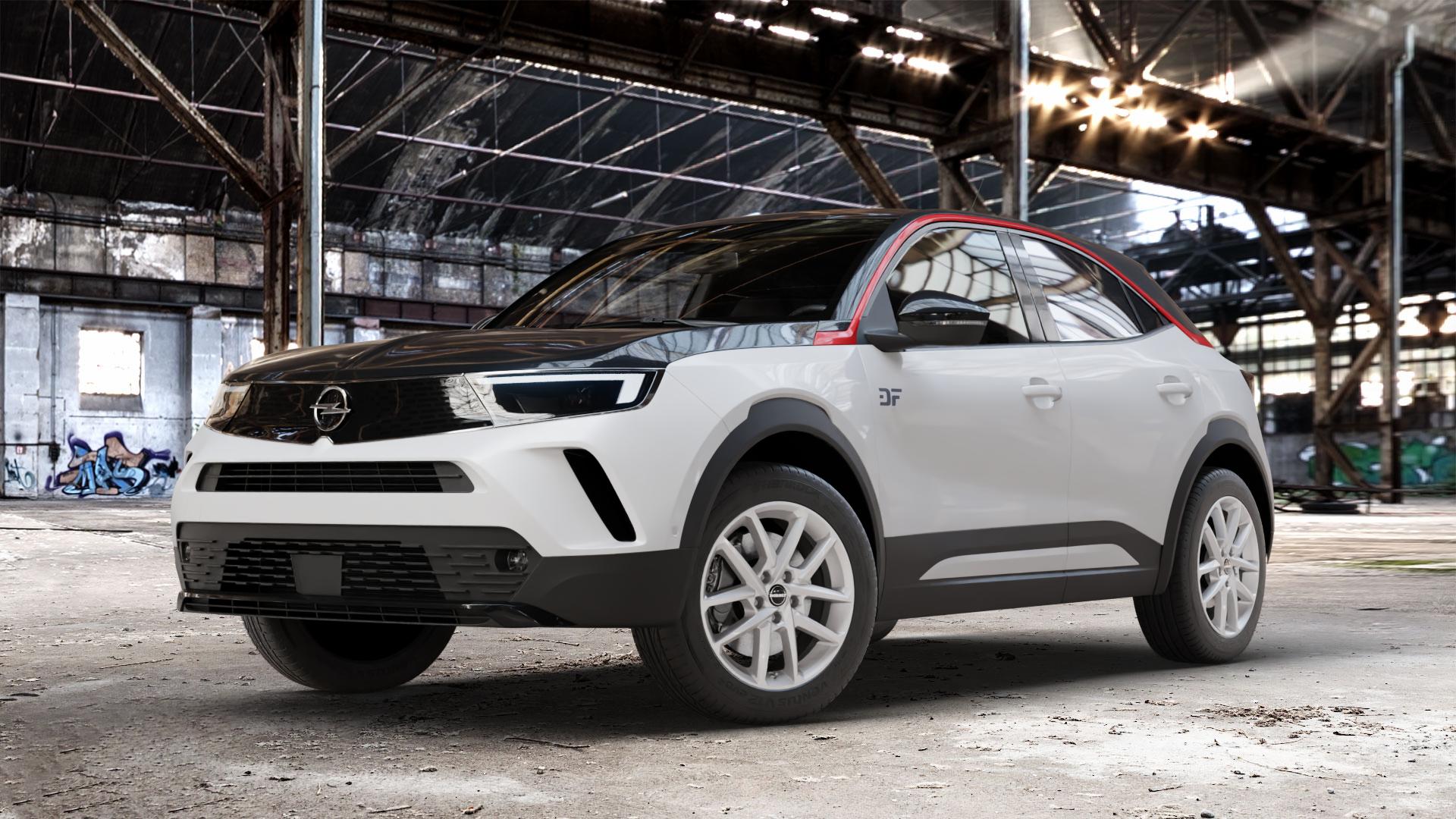 Borbet N crystal silver Felge mit Reifen silber in 17Zoll Winterfelge Alufelge auf weissem Opel Mokka Typ U 1,2l Turbo 74kW (101 PS) 96kW (131 1,5l D 81kW (110 ⬇️ mit 15mm Tieferlegung ⬇️ Old Industrial Hall_max_4400mm_2024 Frontansicht_1