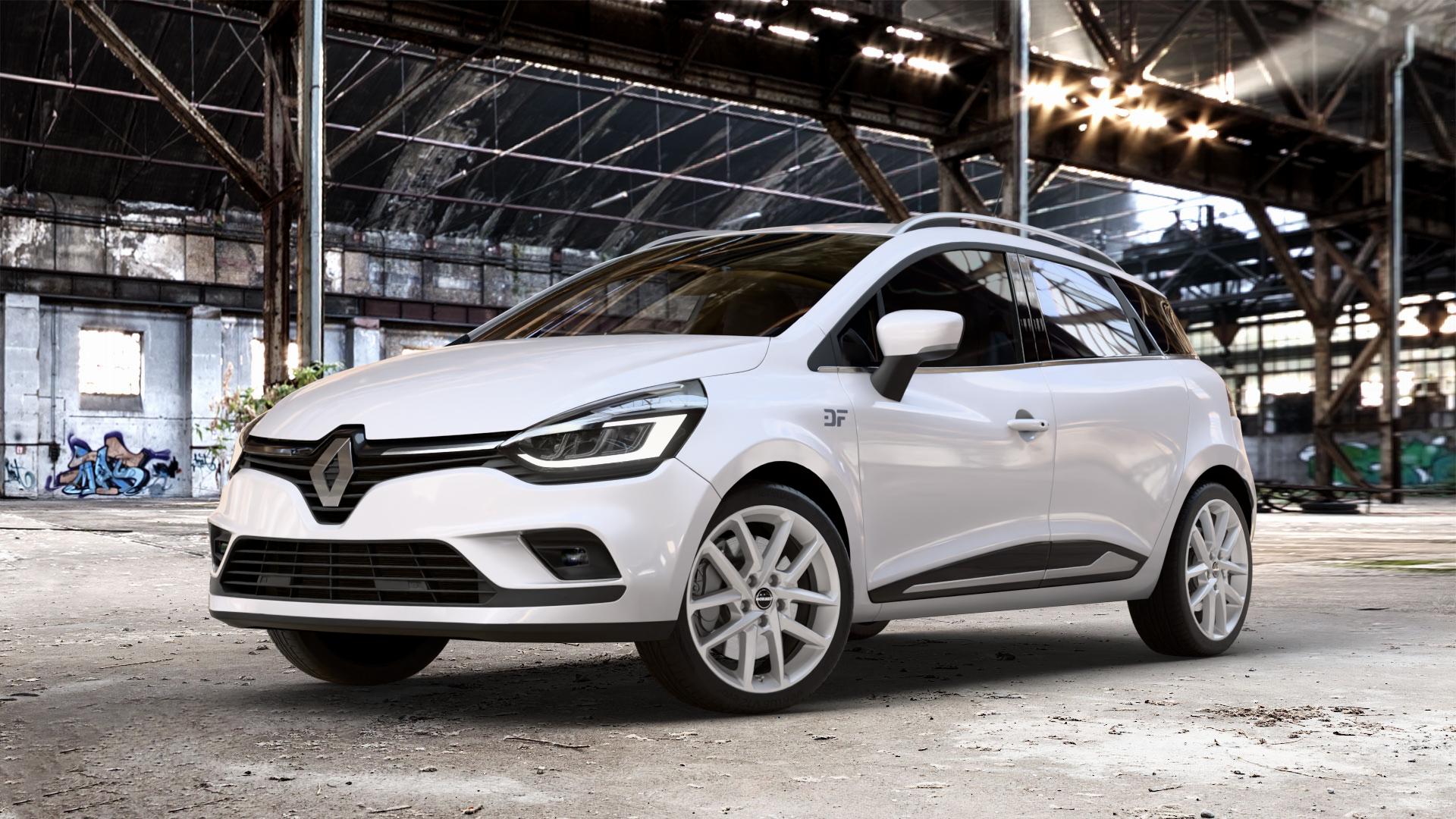 Borbet N crystal silver Felge mit Reifen silber in 17Zoll Winterfelge Alufelge auf weissem Renault Clio IV Grandtour Typ R Facelift ⬇️ mit 15mm Tieferlegung ⬇️ Old Industrial Hall_max_4400mm_2024 Frontansicht_1