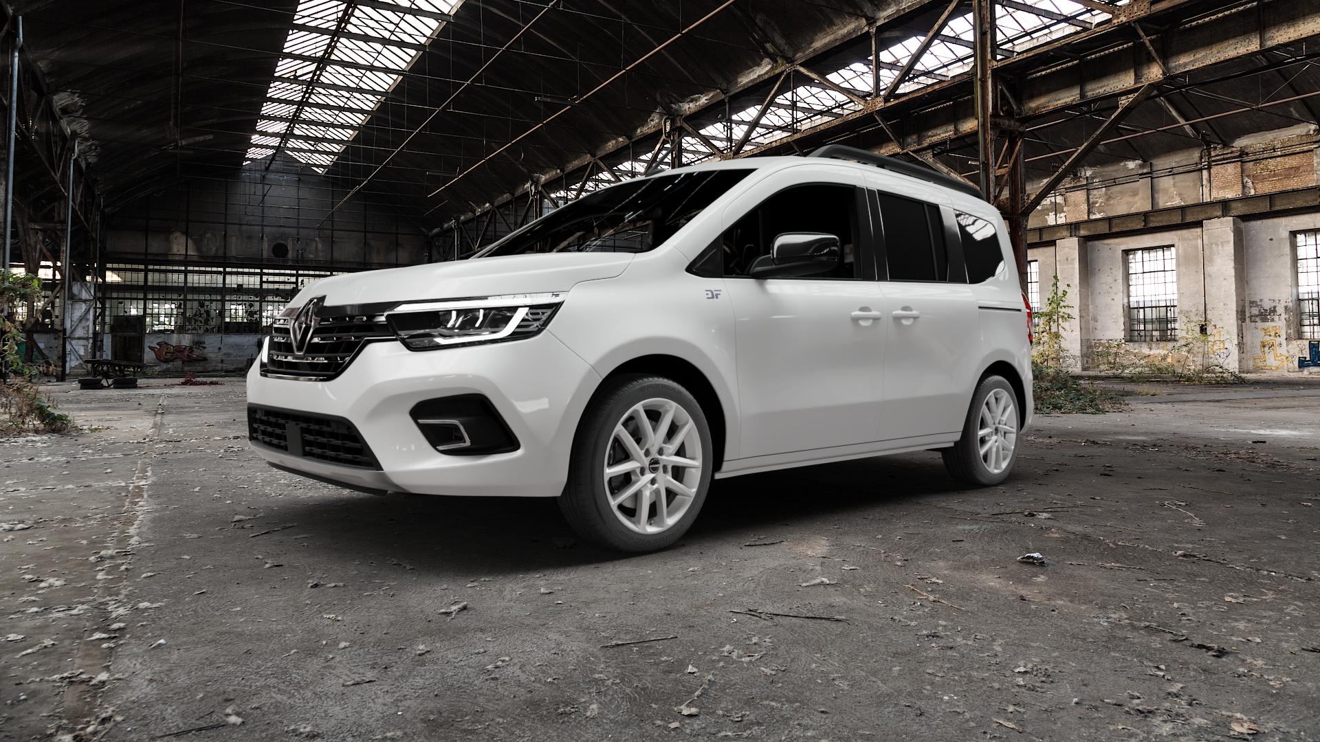 Borbet N crystal silver Felge mit Reifen silber in 17Zoll Winterfelge Alufelge auf weissem Renault Kangoo III Typ RFK ⬇️ mit 15mm Tieferlegung ⬇️ Old Industrial Hall_max5000mm_2022 Frontansicht_1
