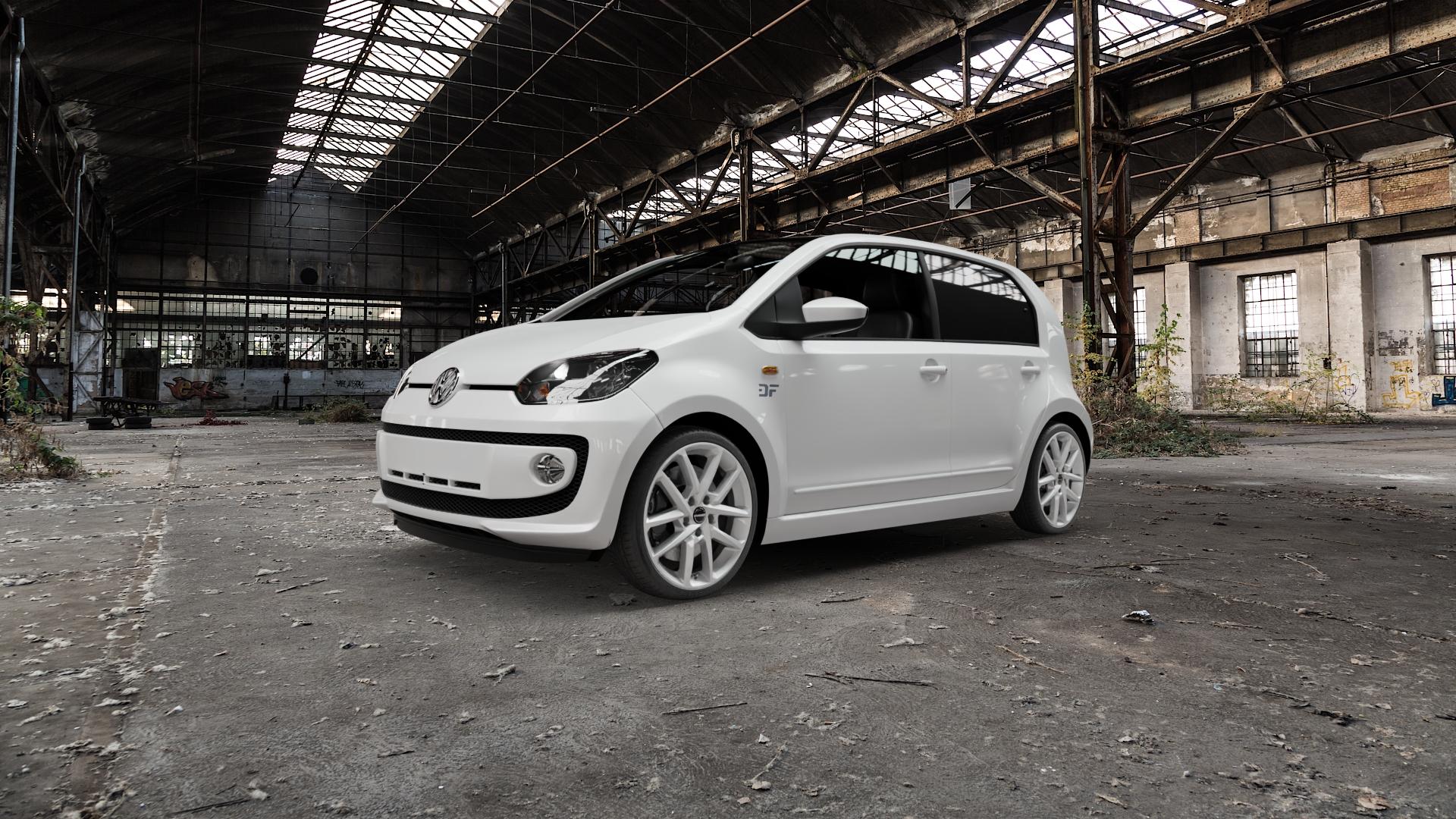 Borbet N crystal silver Felge mit Reifen silber in 17Zoll Winterfelge Alufelge auf weissem Volkswagen (VW) UP ⬇️ mit 15mm Tieferlegung ⬇️ Old Industrial Hall_max5000mm_2022 Frontansicht_1