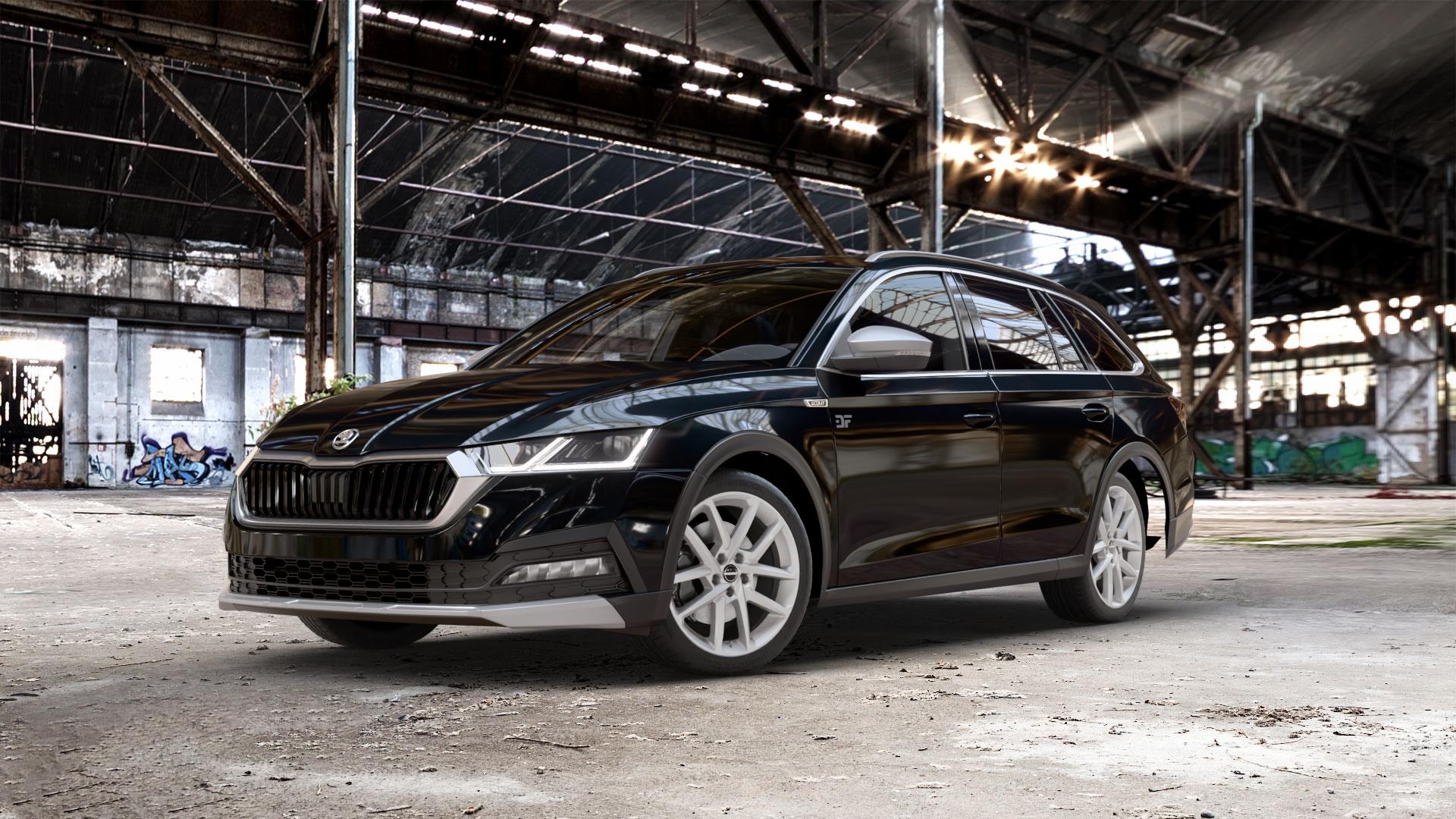 Borbet N crystal silver Felge mit Reifen silber in 18Zoll Winterfelge Alufelge auf schwarzem metallic Skoda Octavia IV Scout Typ NX ⬇️ mit 15mm Tieferlegung ⬇️ Old Industrial Hall_max_5300mm_2024 Frontansicht_1