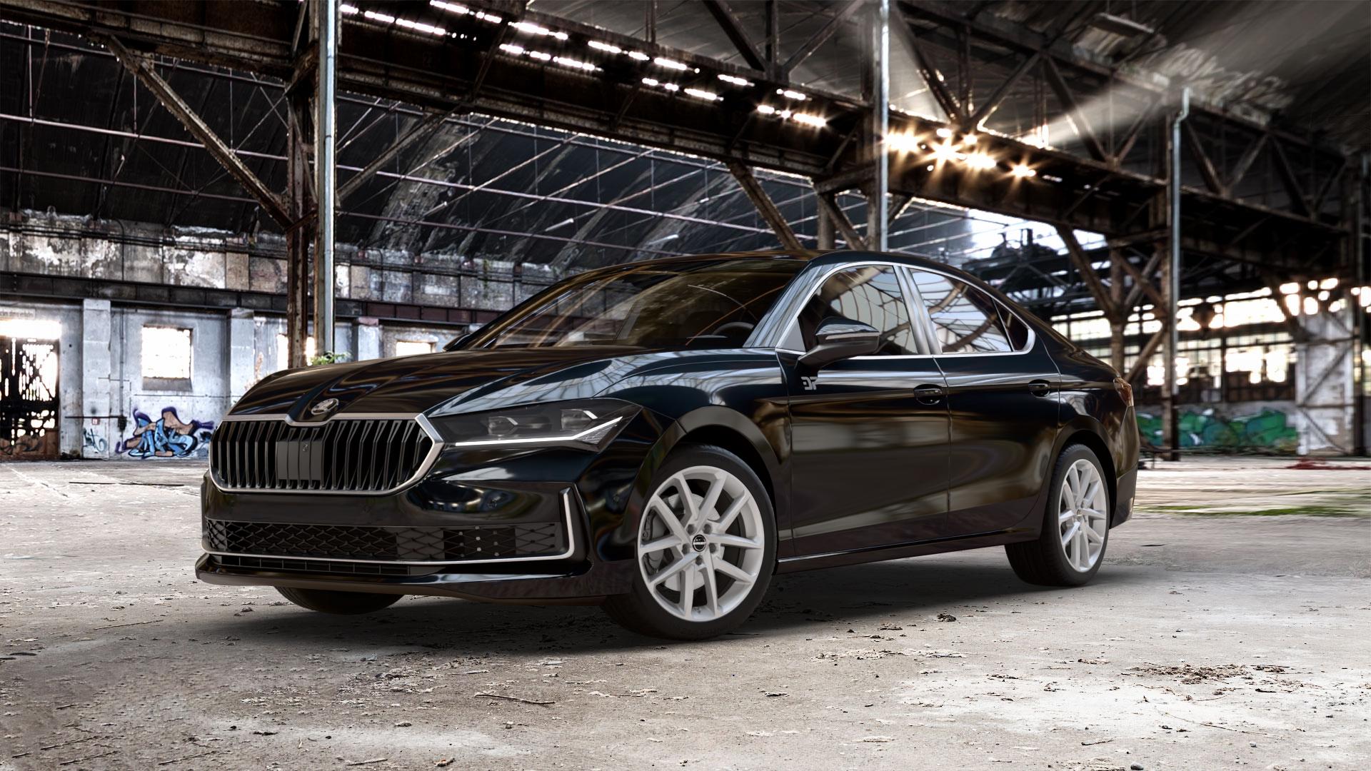 Borbet N crystal silver Felge mit Reifen silber in 18Zoll Winterfelge Alufelge auf schwarzem metallic Skoda Superb IV Typ NZ ⬇️ mit 15mm Tieferlegung ⬇️ Old Industrial Hall_max_5300mm_2024 Frontansicht_1