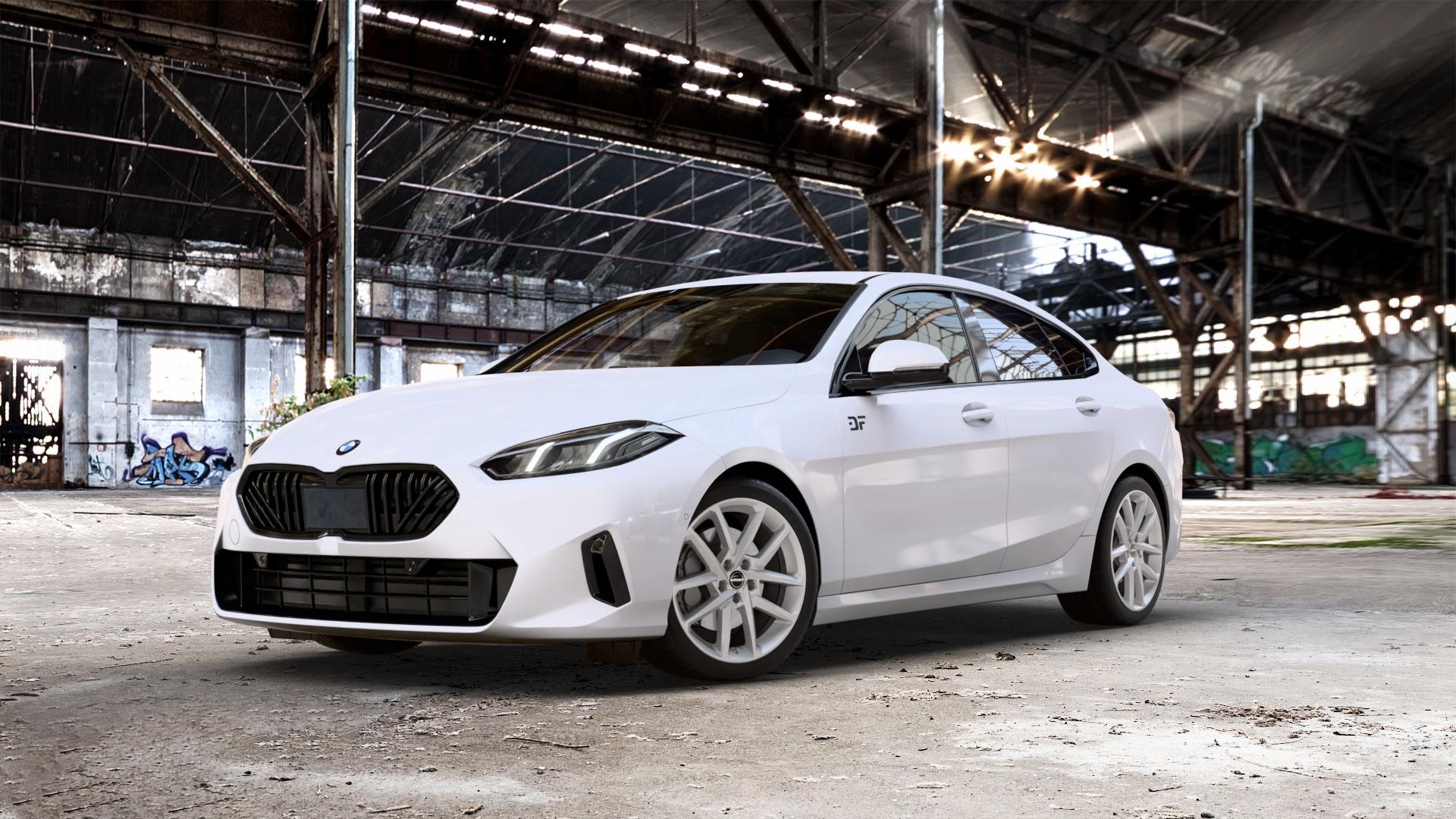 Borbet N crystal silver Felge mit Reifen silber in 18Zoll Winterfelge Alufelge auf weissem BMW 220d Typ F74 (Gran Coupe) 2,0l 110kW Mild-Hybrid (150 PS) ⬇️ mit 15mm Tieferlegung ⬇️ Old Industrial Hall_max_5300mm_2024 Frontansicht_1