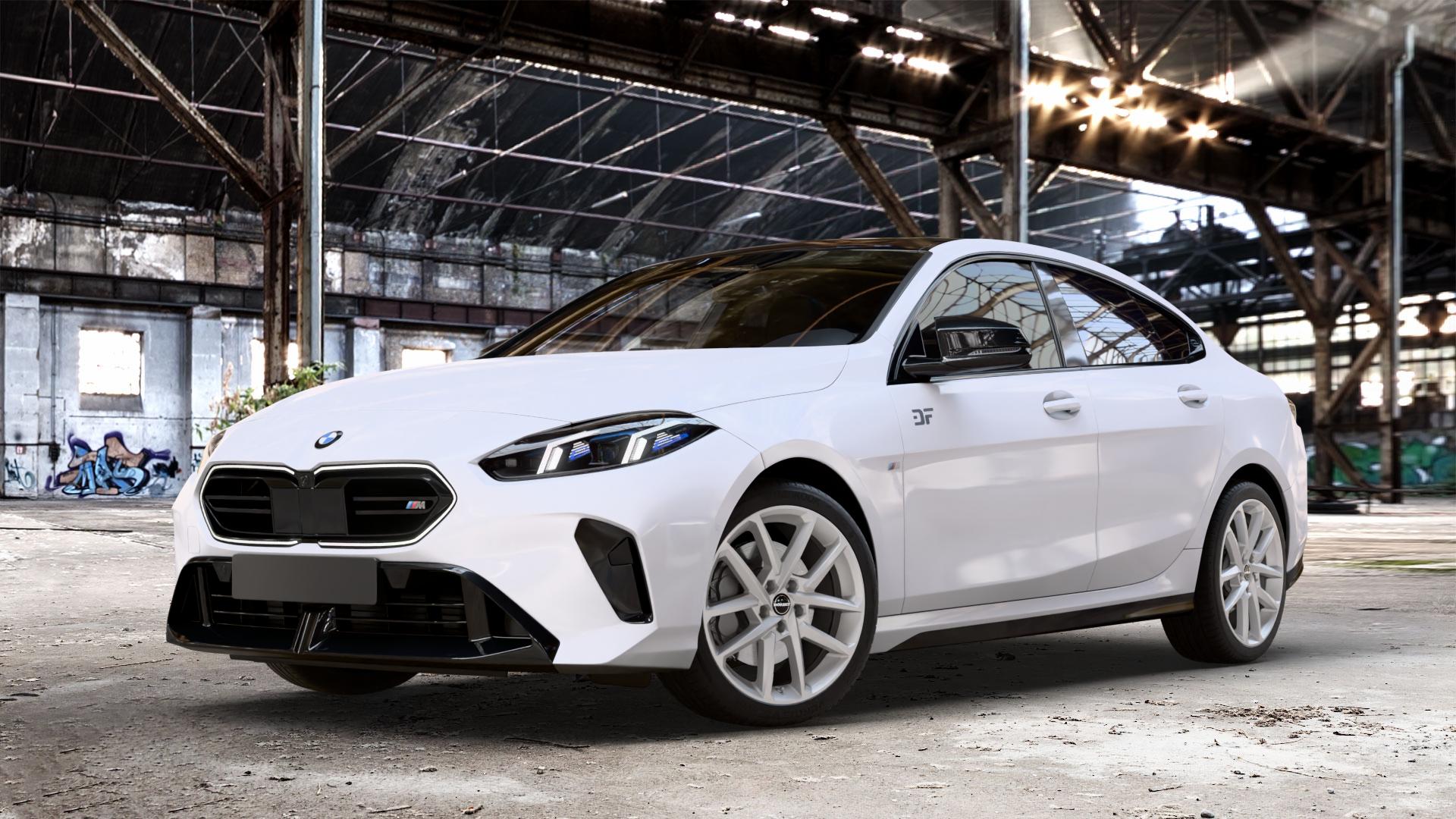 Borbet N crystal silver Felge mit Reifen silber in 18Zoll Winterfelge Alufelge auf weissem BMW M235 xDrive Typ F74 (Gran Coupe) 2,0l 221kW (300 PS) 2er Gran Coupe (F7) ⬇️ mit 15mm Tieferlegung ⬇️ Old Industrial Hall_max_4400mm_2024 Frontansicht_1