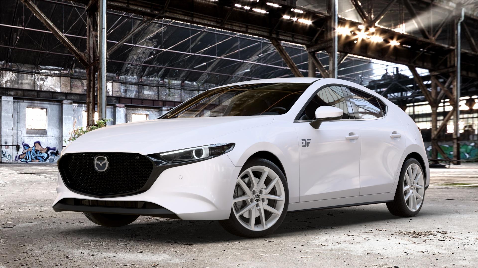 Borbet N crystal silver Felge mit Reifen silber in 18Zoll Winterfelge Alufelge auf weissem Mazda 3 (19-) Fließheck (BP) (BPE) ⬇️ mit 15mm Tieferlegung ⬇️ Old Industrial Hall_max_4400mm_2024 Frontansicht_1