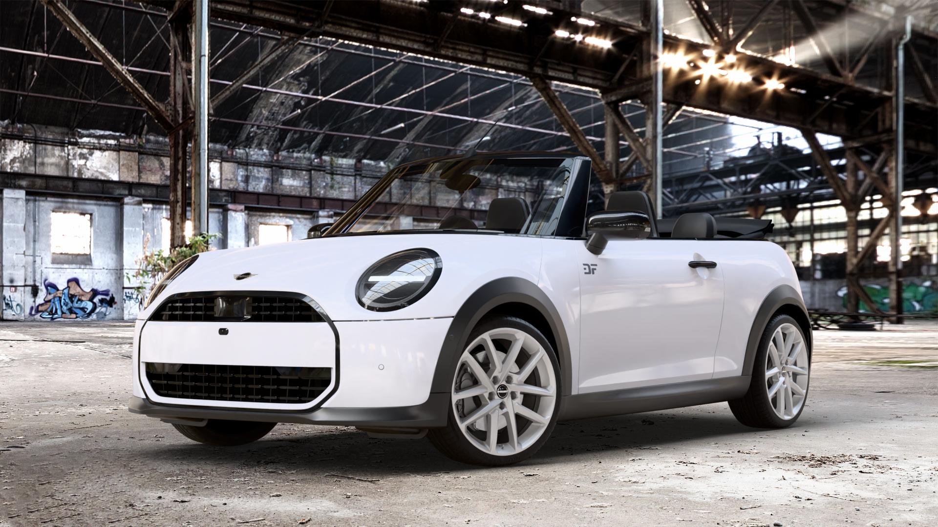 Borbet N crystal silver Felge mit Reifen silber in 18Zoll Winterfelge Alufelge auf weissem Mini F67 Typ FM6 (Cabrio) 2,0l Cooper 120kW (163 PS) S 150kW (204 JCW 170kW (231 ⬇️ mit 15mm Tieferlegung ⬇️ Old Industrial Hall_max_4400mm_2024 Frontansicht_1
