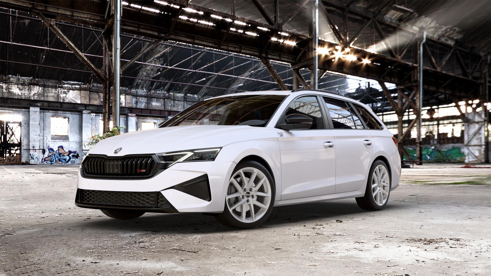Borbet N crystal silver Felge mit Reifen silber in 18Zoll Winterfelge Alufelge auf weissem Skoda Octavia IV Kombi Typ NX Facelift 2,0l TSI 195kW RS (265 PS) ⬇️ mit 15mm Tieferlegung ⬇️ Old Industrial Hall_max_5300mm_2024 Frontansicht_1