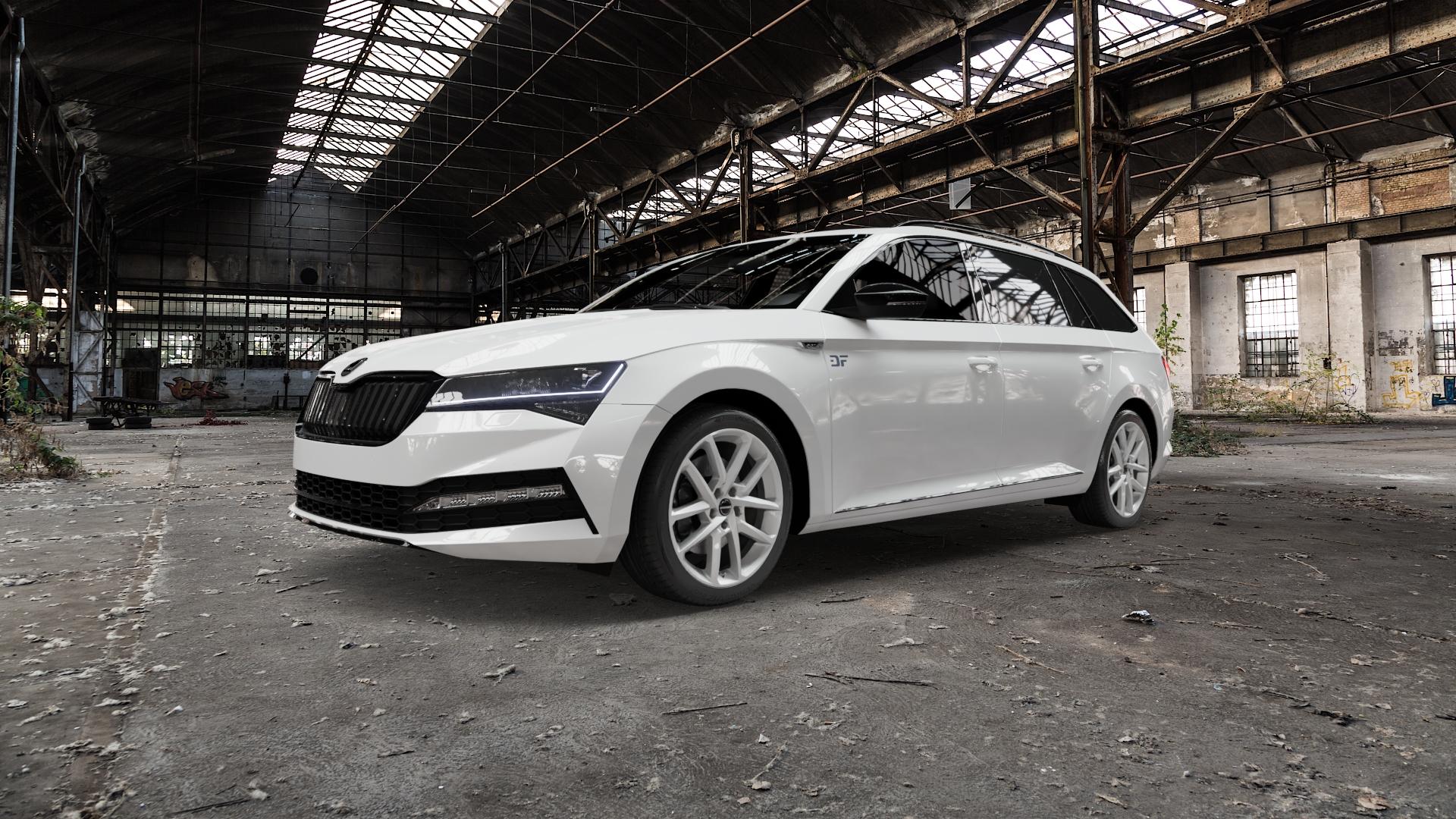 Borbet N crystal silver Felge mit Reifen silber in 18Zoll Winterfelge Alufelge auf weissem Skoda Superb III Kombi Typ 3V Facelift ⬇️ mit 15mm Tieferlegung ⬇️ Old Industrial Hall_max5000mm_2022 Frontansicht_1