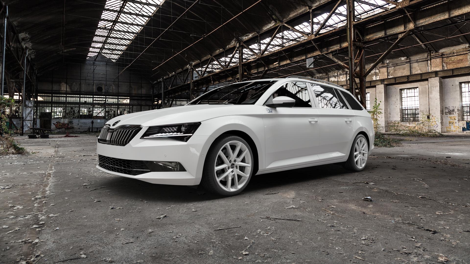 Borbet N crystal silver Felge mit Reifen silber in 18Zoll Winterfelge Alufelge auf weissem Skoda Superb III Kombi Typ 3V ⬇️ mit 15mm Tieferlegung ⬇️ Old Industrial Hall_max5000mm_2022 Frontansicht_1