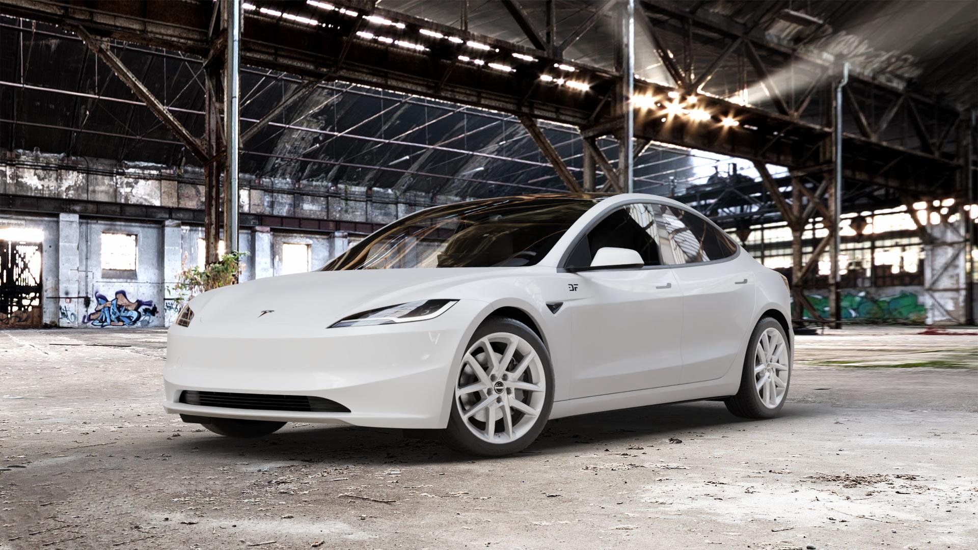 Borbet N crystal silver Felge mit Reifen silber in 18Zoll Winterfelge Alufelge auf weissem Tesla Model 3 Typ 003 0,0l Long Range Dual Motor 153kW 4WD (208 PS) Performance 155kW (211 ⬇️ mit 15mm Tieferlegung ⬇️ Old Industrial Hall_max_5300mm_2024 Frontansicht_1