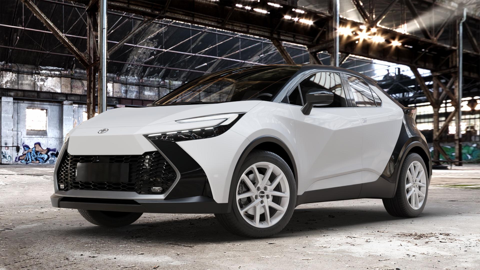 Borbet N crystal silver Felge mit Reifen silber in 18Zoll Winterfelge Alufelge auf weissem Toyota C-HR Typ AX2T(M) AX2T(M)-TGRE ⬇️ mit 15mm Tieferlegung ⬇️ Old Industrial Hall_max_4400mm_2024 Frontansicht_1