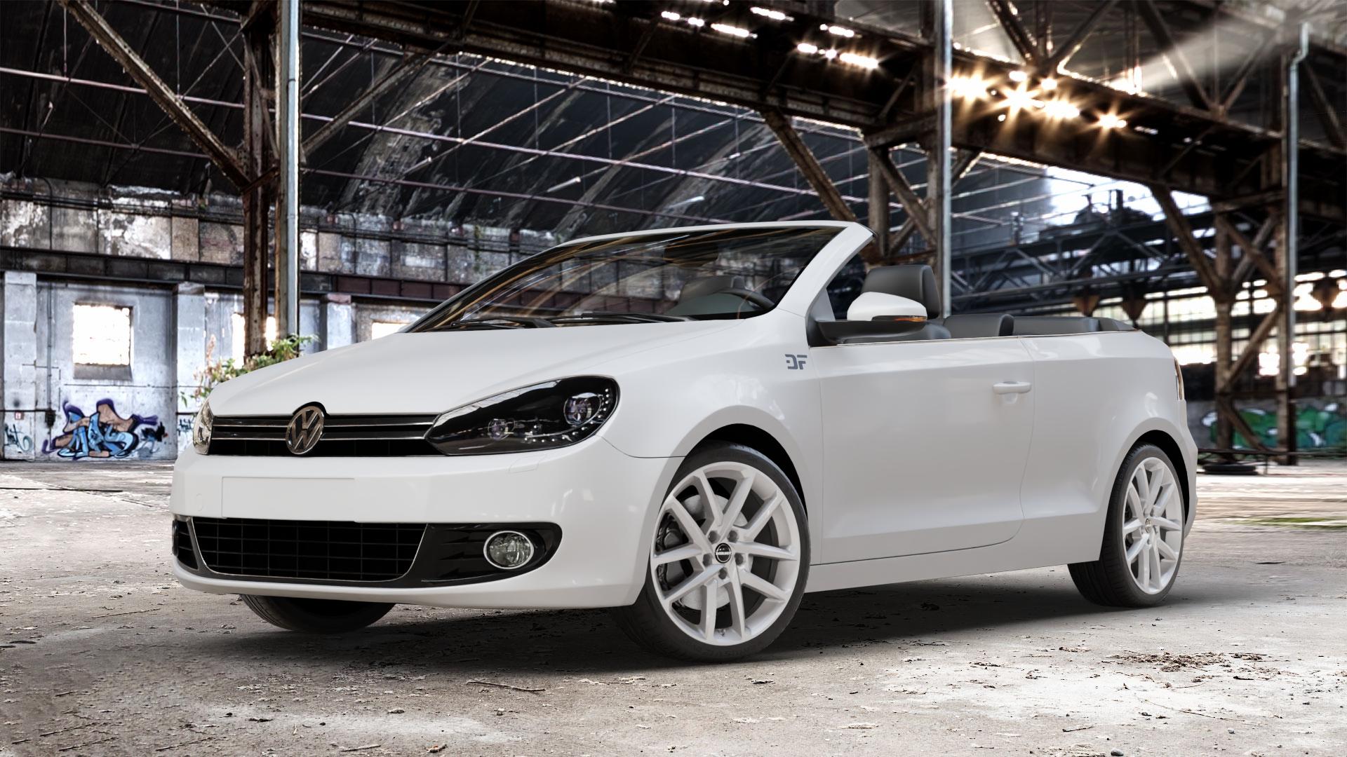 Borbet N crystal silver Felge mit Reifen silber in 18Zoll Winterfelge Alufelge auf weissem Volkswagen (VW) Golf 6 Cabrio ⬇️ mit 15mm Tieferlegung ⬇️ Old Industrial Hall_max_4400mm_2024 Frontansicht_1