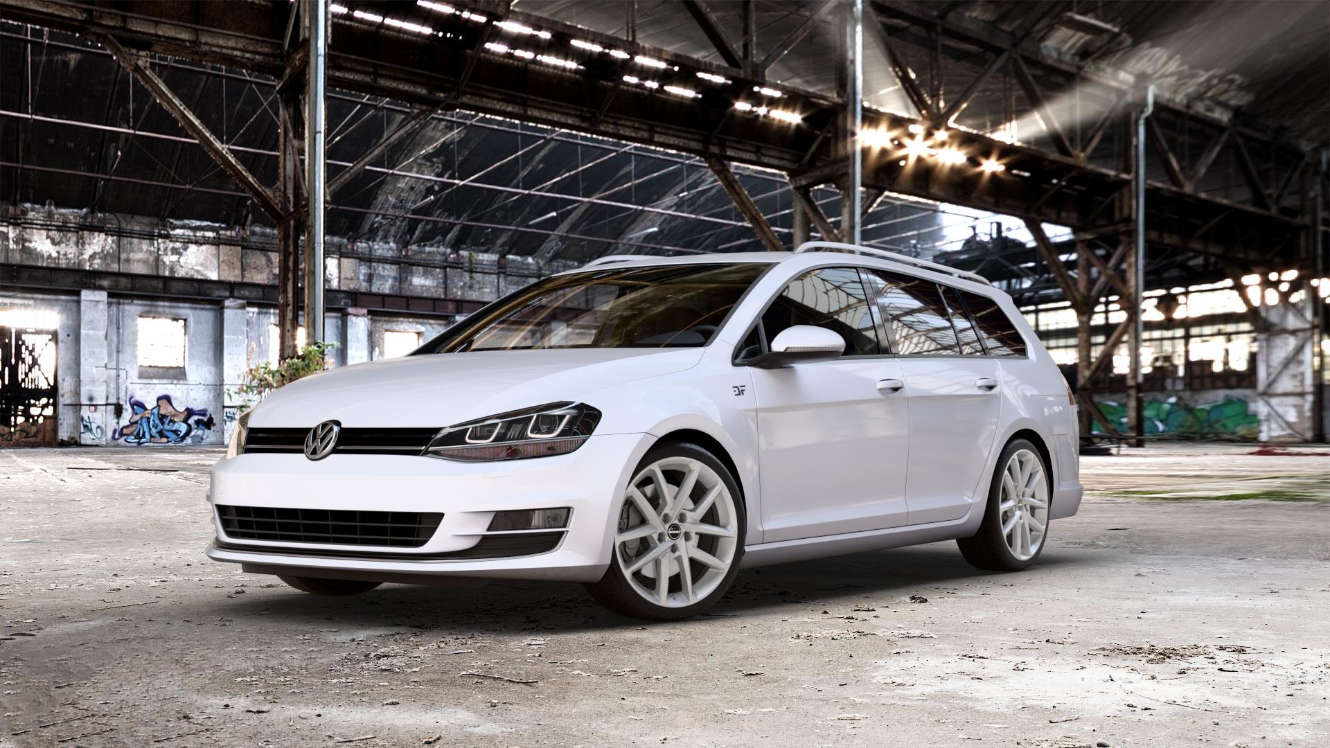 Borbet N crystal silver Felge mit Reifen silber in 18Zoll Winterfelge Alufelge auf weissem Volkswagen (VW) Golf 7 Variant ⬇️ mit 15mm Tieferlegung ⬇️ Old Industrial Hall_max_5300mm_2024 Frontansicht_1