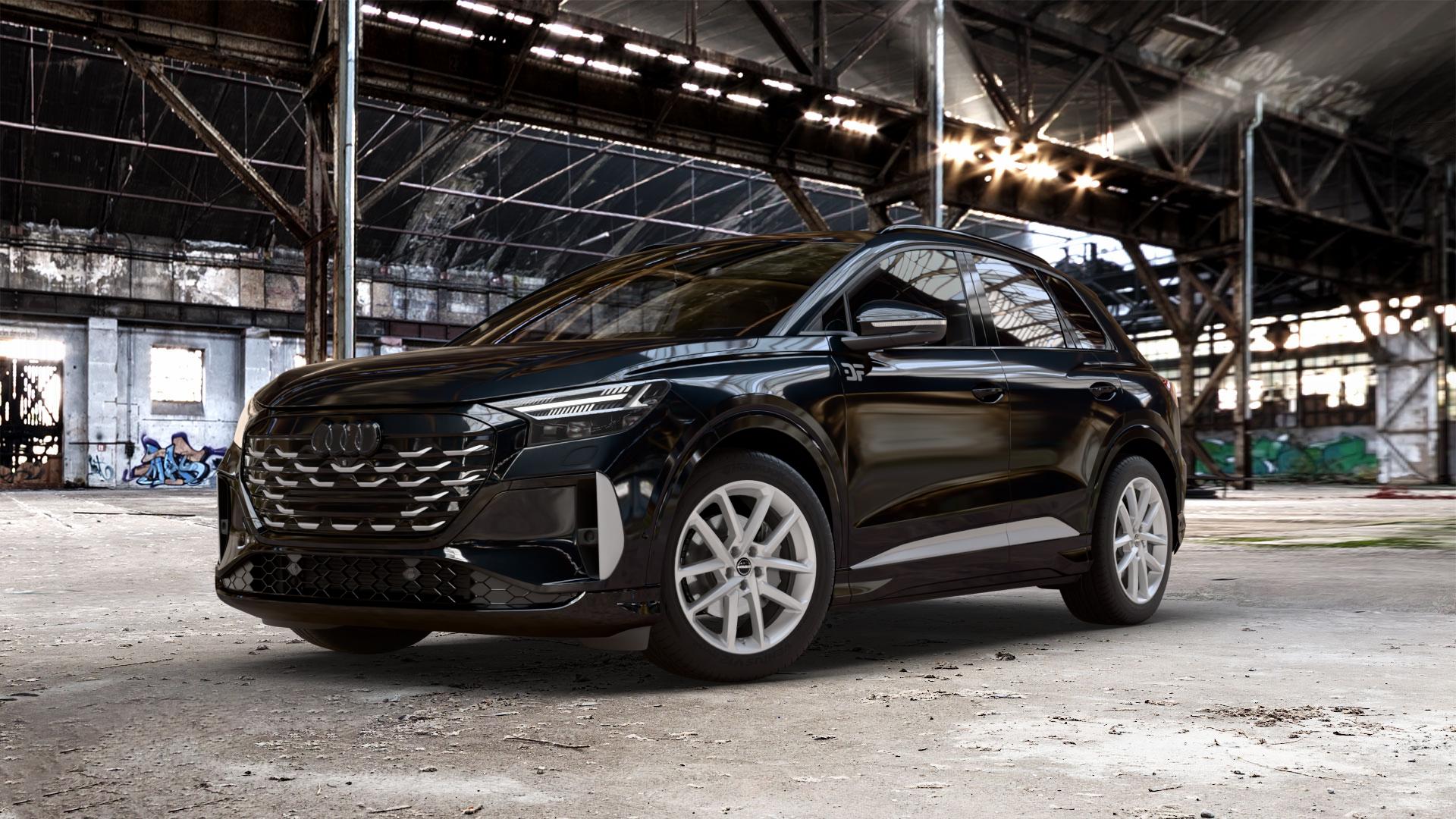 Borbet N crystal silver Felge mit Reifen silber in 19Zoll Winterfelge Alufelge auf metallic schwarzem Audi Q4 e-tron Facelift Typ FZ ⬇️ mit 15mm Tieferlegung ⬇️ Old Industrial Hall_max_5300mm_2024 Frontansicht_1