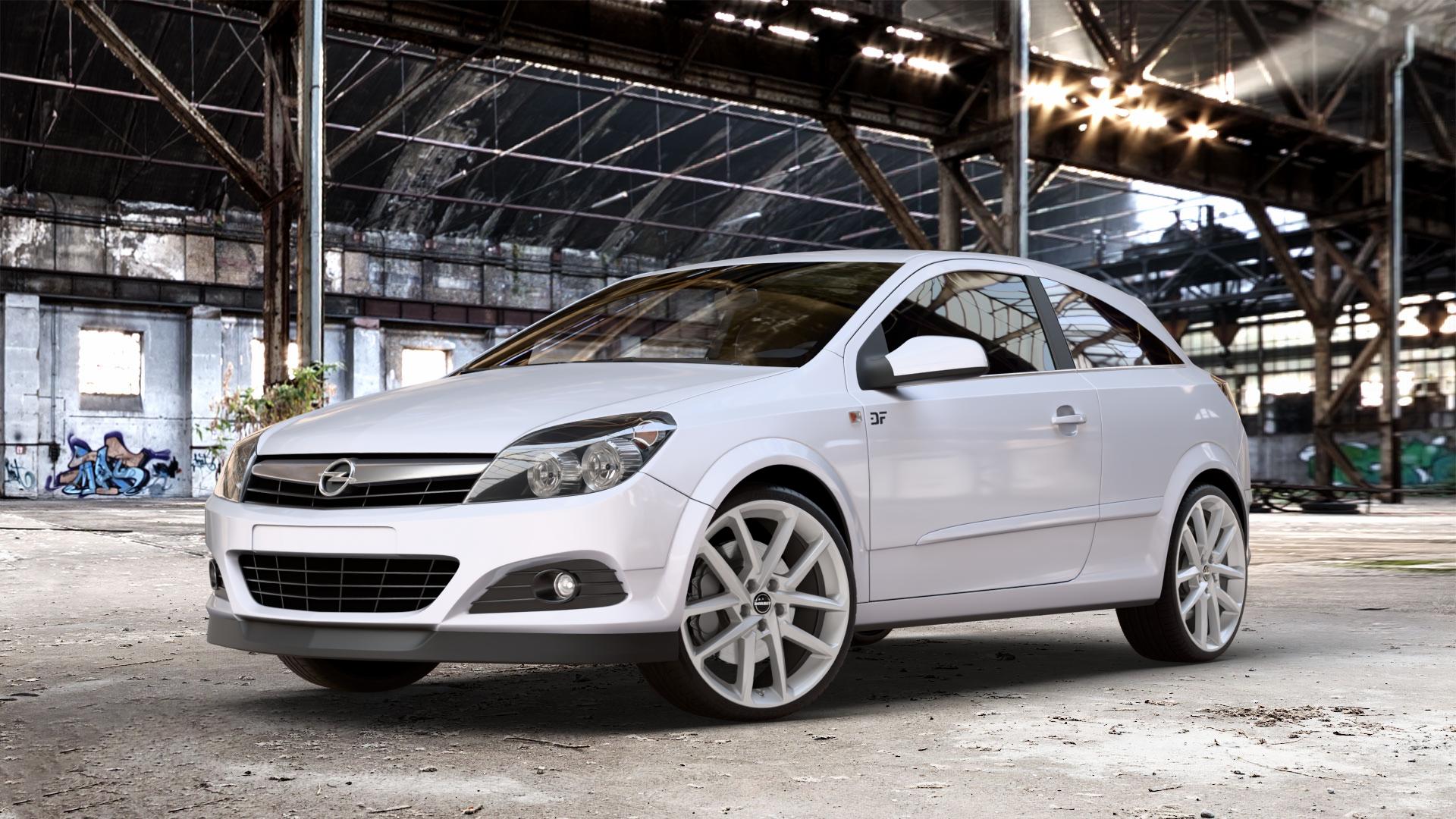 Borbet N crystal silver Felge mit Reifen silber in 19Zoll Winterfelge Alufelge auf Weiss Uni Opel Astra H GTC Typ A-H/C ⬇️ mit 15mm Tieferlegung ⬇️ Old Industrial Hall_max_4400mm_2024 Frontansicht_1