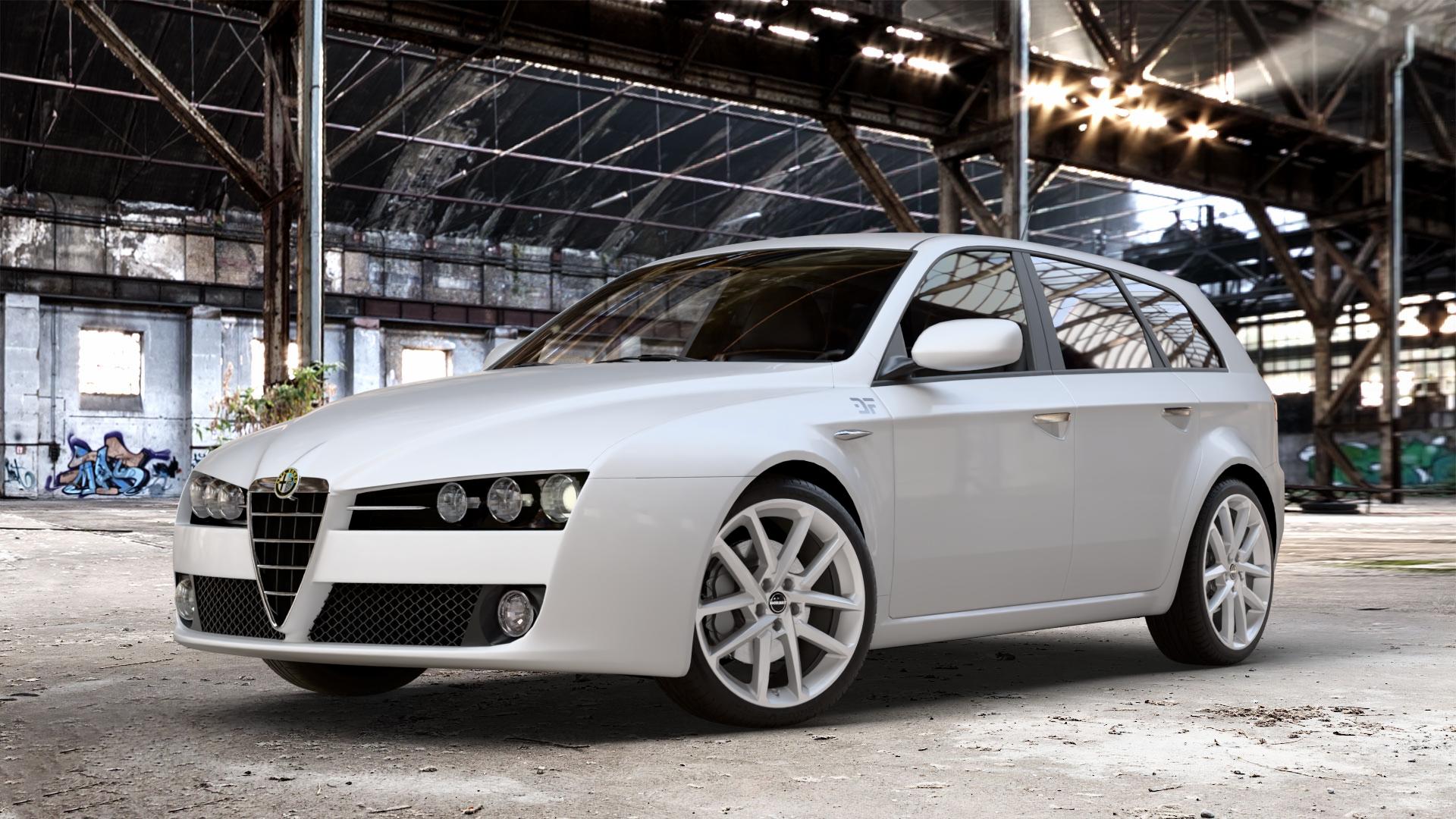 Borbet N crystal silver Felge mit Reifen silber in 19Zoll Winterfelge Alufelge auf weissem Alfa Romeo 159 Sportwagon ⬇️ mit 15mm Tieferlegung ⬇️ Old Industrial Hall_max_4400mm_2024 Frontansicht_1