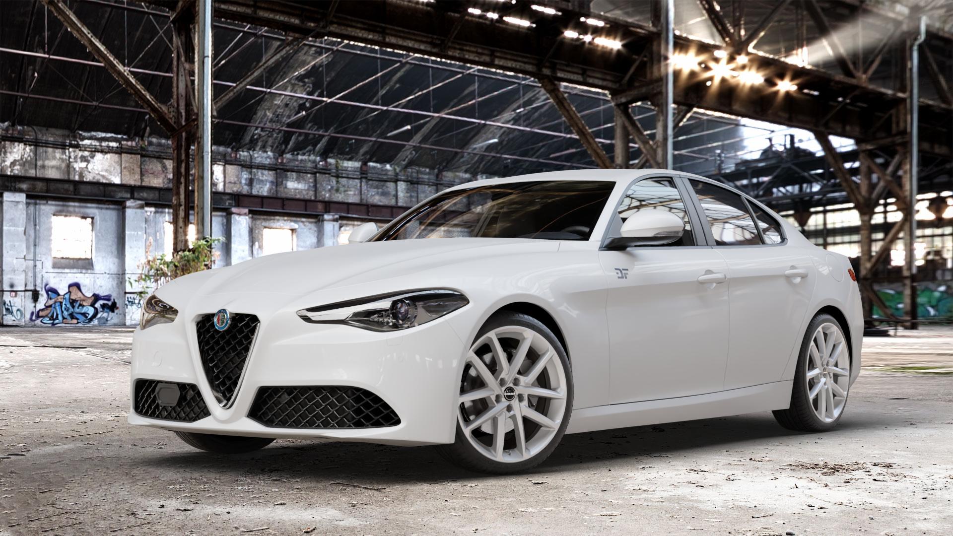Borbet N crystal silver Felge mit Reifen silber in 19Zoll Winterfelge Alufelge auf weissem Alfa Romeo Giulia Typ 952 ⬇️ mit 15mm Tieferlegung ⬇️ Old Industrial Hall_max_4400mm_2024 Frontansicht_1