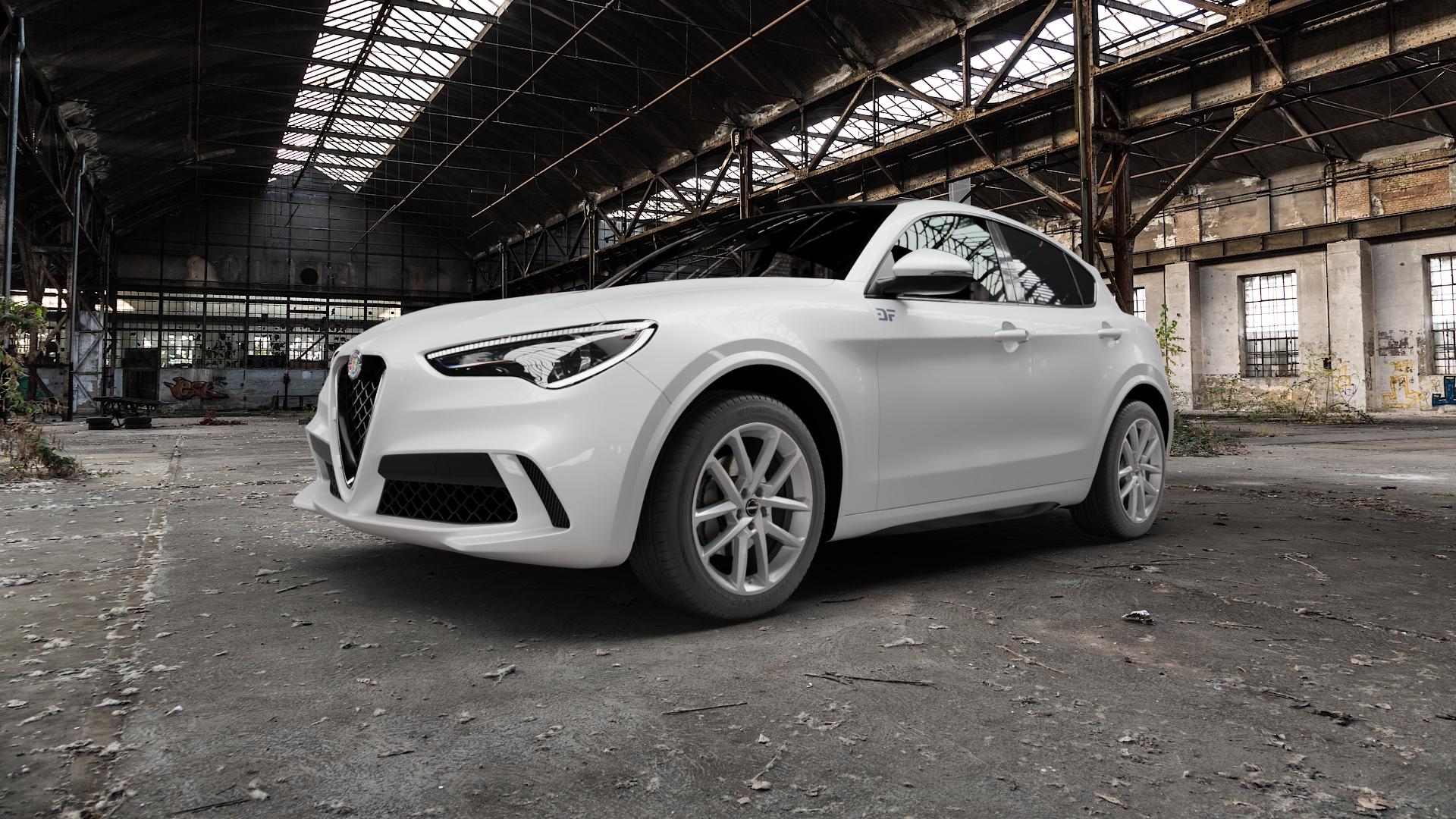 Borbet N crystal silver Felge mit Reifen silber in 19Zoll Winterfelge Alufelge auf weissem Alfa Romeo Stelvio Typ 949 ⬇️ mit 15mm Tieferlegung ⬇️ Old Industrial Hall_max5000mm_2022 Frontansicht_1