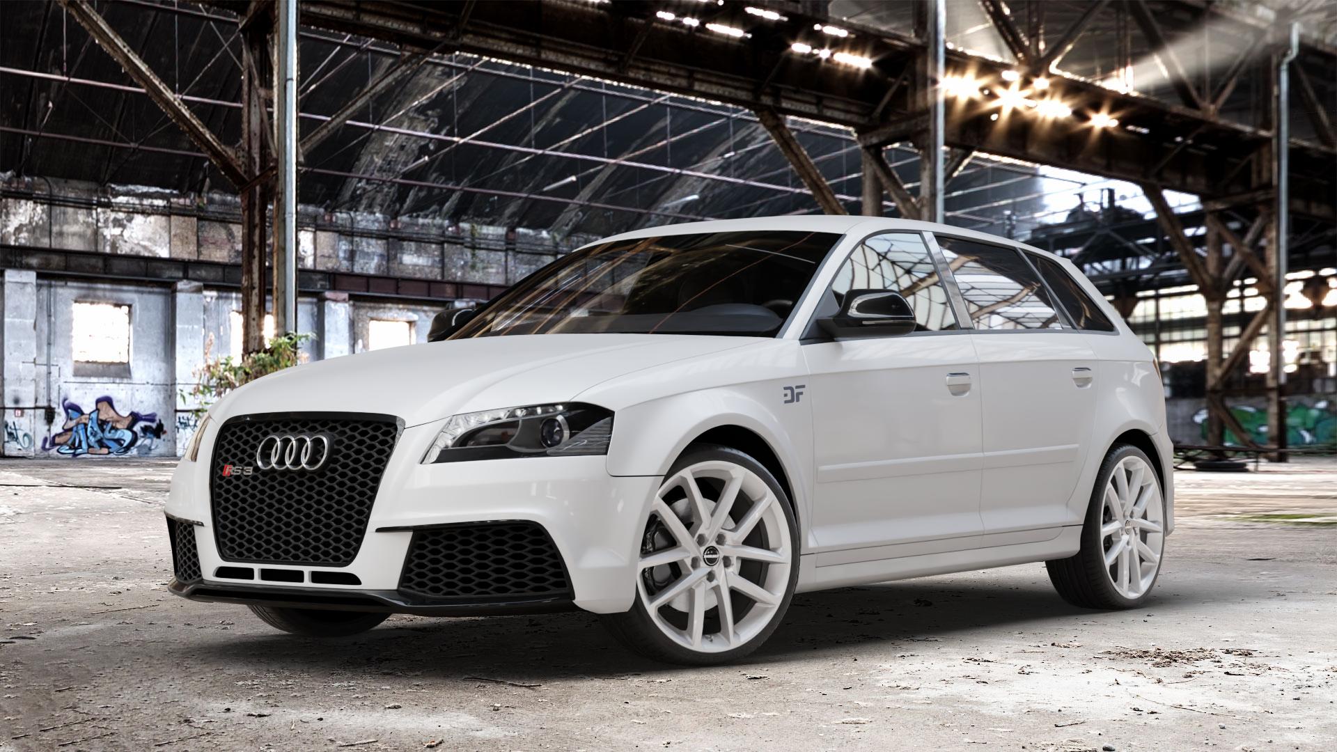 Borbet N crystal silver Felge mit Reifen silber in 19Zoll Winterfelge Alufelge auf weissem Audi A3 Typ 8P (Sportback) 2,5l RS3 quattro 250kW (340 PS) ⬇️ mit 15mm Tieferlegung ⬇️ Old Industrial Hall_max_4400mm_2024 Frontansicht_1