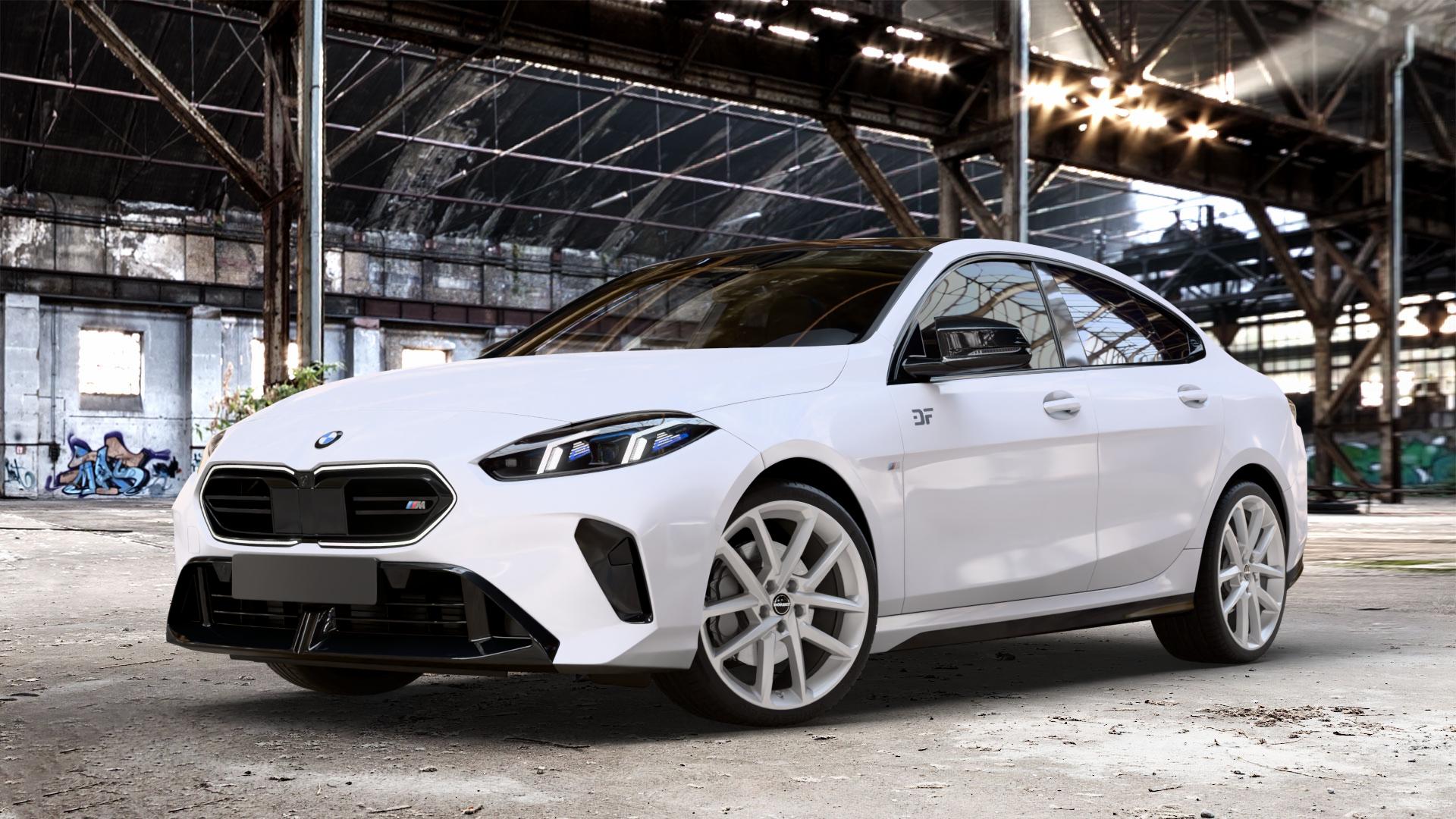 Borbet N crystal silver Felge mit Reifen silber in 19Zoll Winterfelge Alufelge auf weissem BMW M235 xDrive Typ F74 (Gran Coupe) 2,0l 221kW (300 PS) 2er Gran Coupe (F7) ⬇️ mit 15mm Tieferlegung ⬇️ Old Industrial Hall_max_4400mm_2024 Frontansicht_1