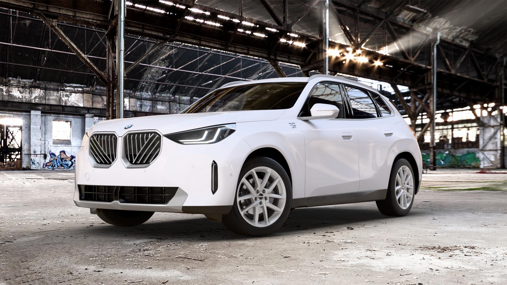 Borbet N crystal silver Felge mit Reifen silber in 19Zoll Winterfelge Alufelge auf weissem BMW X3 Typ G45 (G3XN) ⬇️ mit 15mm Tieferlegung ⬇️ Old Industrial Hall_max_5300mm_2024 Frontansicht_1