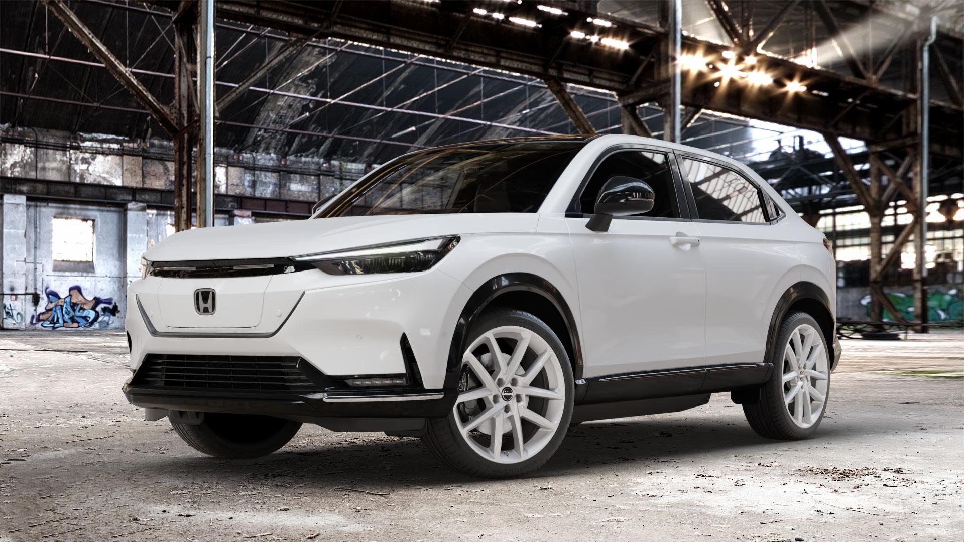 Borbet N crystal silver Felge mit Reifen silber in 19Zoll Winterfelge Alufelge auf weissem Honda e:Ny1 Typ RSA ⬇️ mit 15mm Tieferlegung ⬇️ Old Industrial Hall_max_4400mm_2024 Frontansicht_1