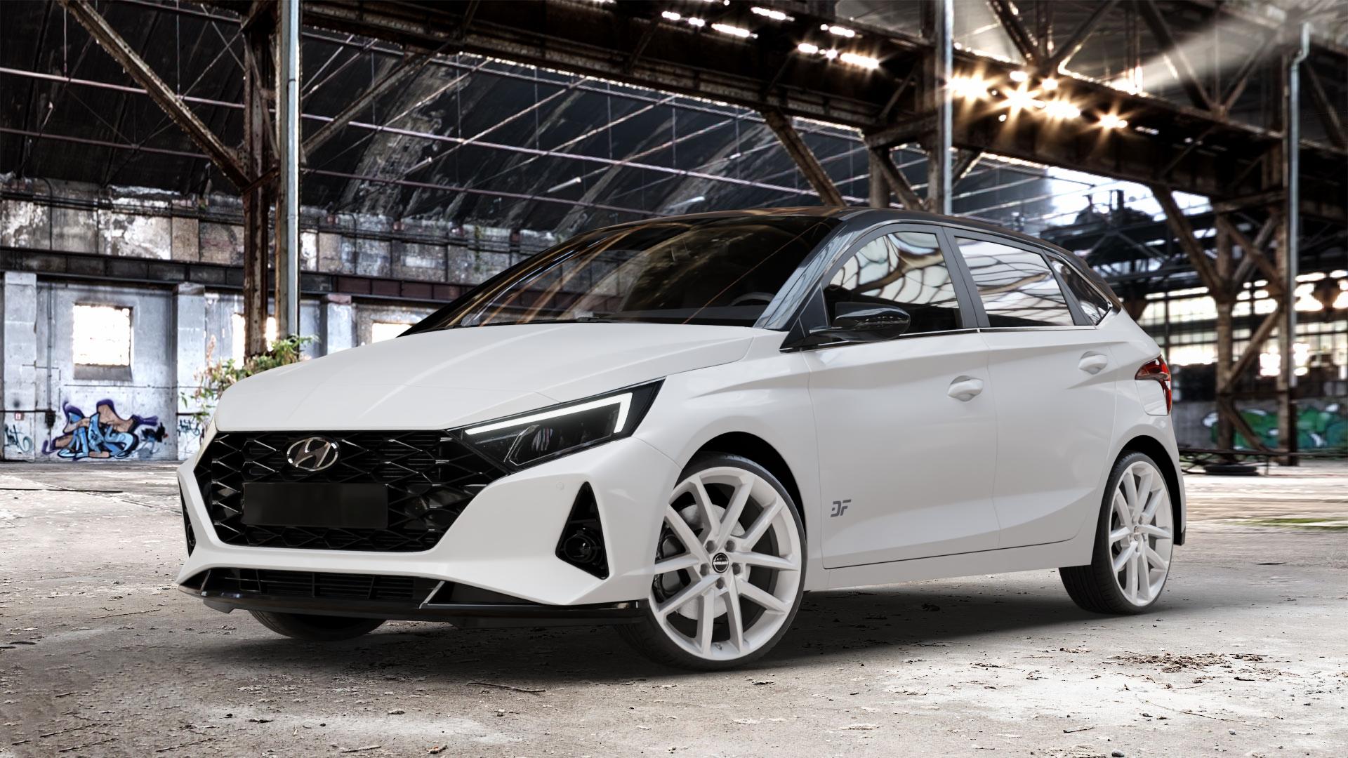 Borbet N crystal silver Felge mit Reifen silber in 19Zoll Winterfelge Alufelge auf weissem Hyundai i20 Typ BC3 ⬇️ mit 15mm Tieferlegung ⬇️ Old Industrial Hall_max_4400mm_2024 Frontansicht_1