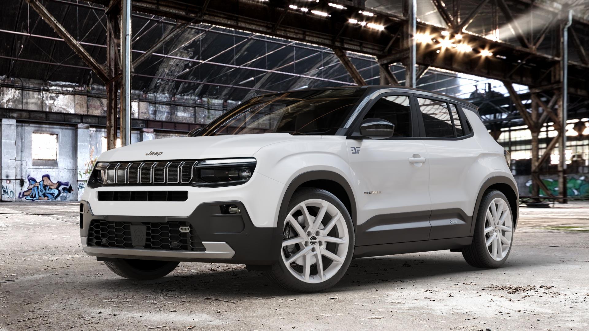 Borbet N crystal silver Felge mit Reifen silber in 19Zoll Winterfelge Alufelge auf weissem Jeep Avenger Typ FH1 ⬇️ mit 15mm Tieferlegung ⬇️ Old Industrial Hall_max_4400mm_2024 Frontansicht_1