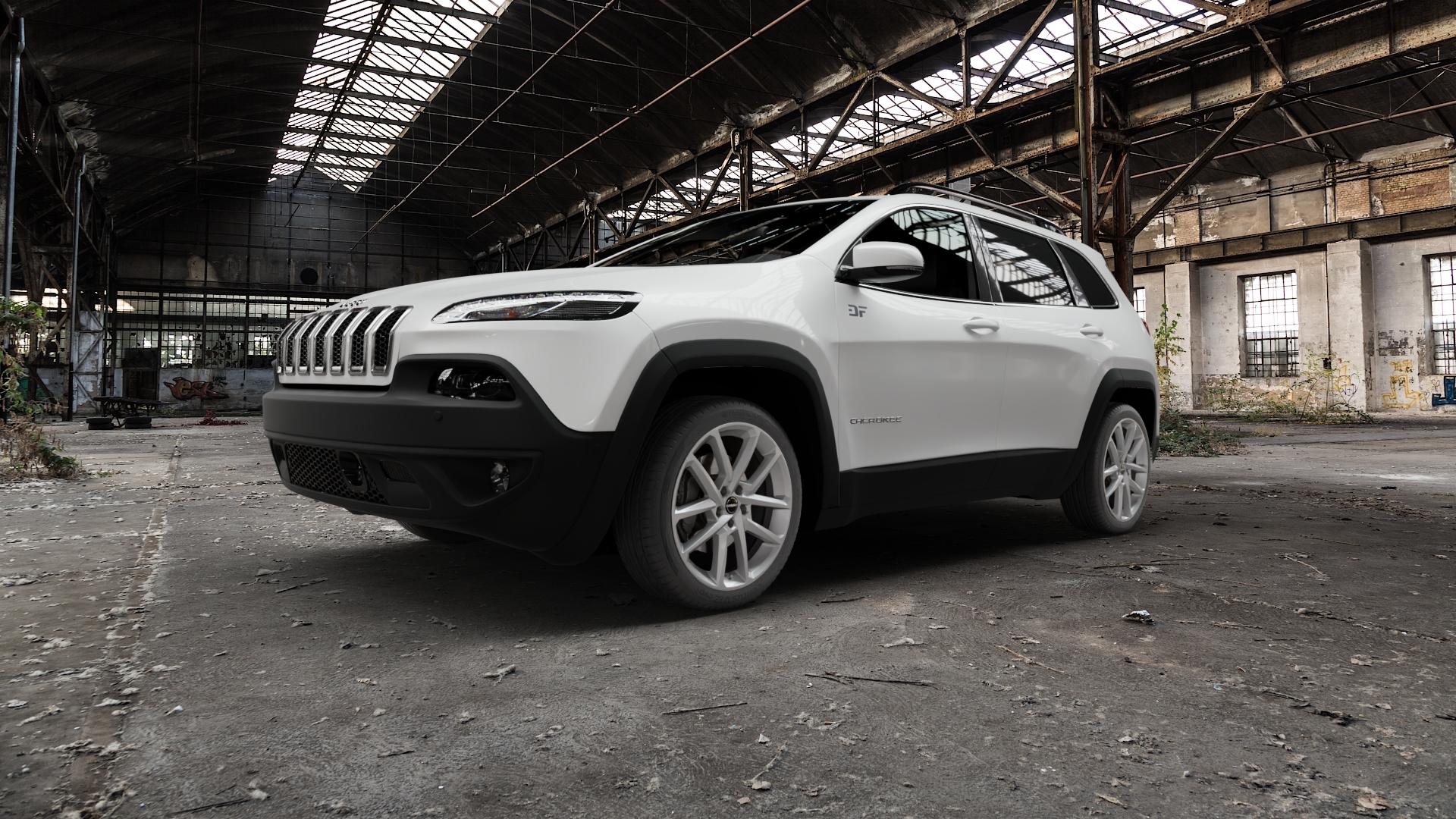 Borbet N crystal silver Felge mit Reifen silber in 19Zoll Winterfelge Alufelge auf weissem Jeep Cherokee Typ KL Trailhawk ⬇️ mit 15mm Tieferlegung ⬇️ Old Industrial Hall_max5000mm_2022 Frontansicht_1