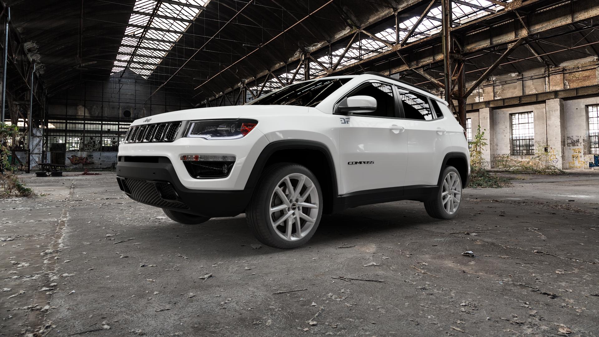 Borbet N crystal silver Felge mit Reifen silber in 19Zoll Winterfelge Alufelge auf weissem Jeep Compass III Typ MX ⬇️ mit 15mm Tieferlegung ⬇️ Old Industrial Hall_max5000mm_2022 Frontansicht_1