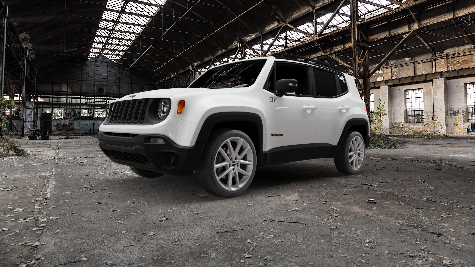 Borbet N crystal silver Felge mit Reifen silber in 19Zoll Winterfelge Alufelge auf weissem Jeep Renegade Typ BU ⬇️ mit 15mm Tieferlegung ⬇️ Old Industrial Hall_max5000mm_2022 Frontansicht_1
