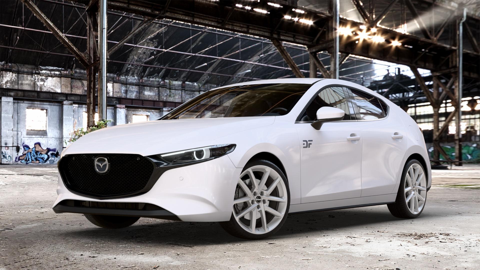 Borbet N crystal silver Felge mit Reifen silber in 19Zoll Winterfelge Alufelge auf weissem Mazda 3 (19-) Fließheck (BP) (BPE) ⬇️ mit 15mm Tieferlegung ⬇️ Old Industrial Hall_max_4400mm_2024 Frontansicht_1