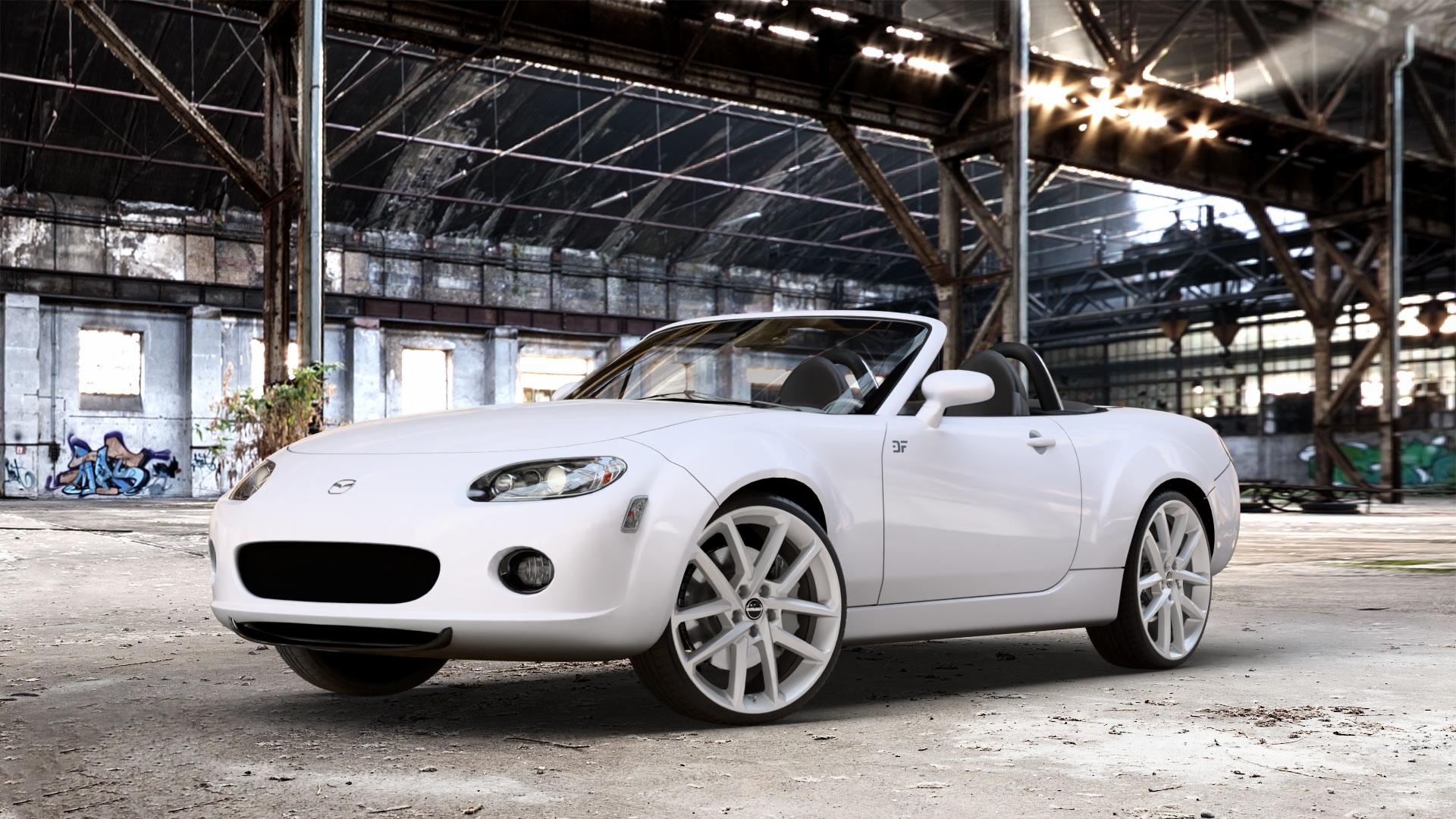Borbet N crystal silver Felge mit Reifen silber in 19Zoll Winterfelge Alufelge auf weissem Mazda MX-5 III (NC) ⬇️ mit 15mm Tieferlegung ⬇️ Old Industrial Hall_max_4400mm_2024 Frontansicht_1