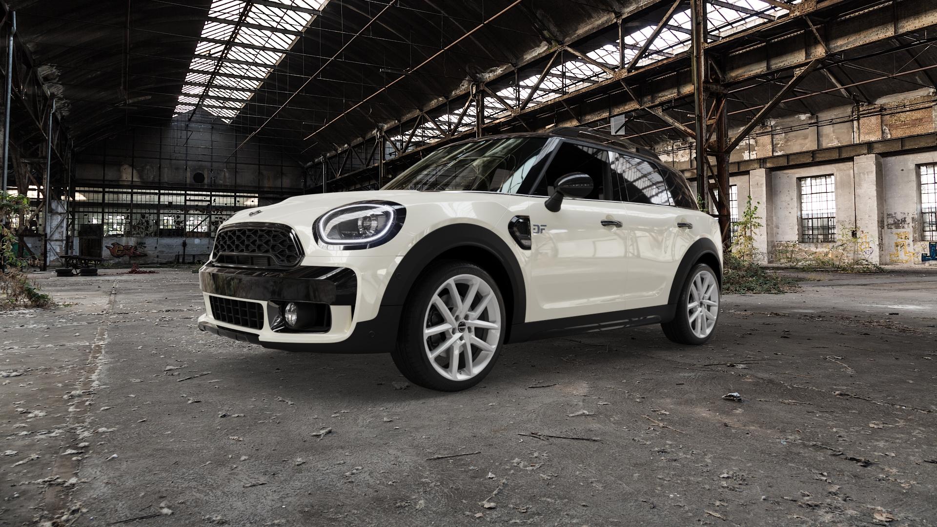 Borbet N crystal silver Felge mit Reifen silber in 19Zoll Winterfelge Alufelge auf weissem Mini F60 Typ FMX (Countryman) ⬇️ mit 15mm Tieferlegung ⬇️ Old Industrial Hall_max5000mm_2022 Frontansicht_1
