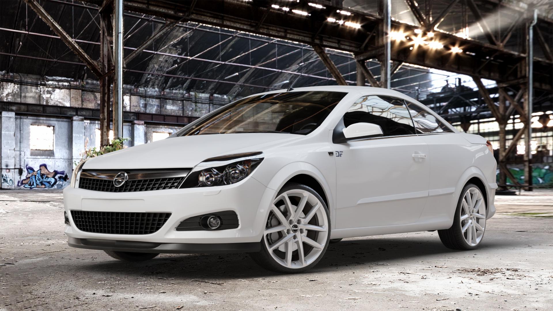Borbet N crystal silver Felge mit Reifen silber in 19Zoll Winterfelge Alufelge auf weissem Opel Astra H Twin Top Typ A-H/C ⬇️ mit 15mm Tieferlegung ⬇️ Old Industrial Hall_max_4400mm_2024 Frontansicht_1